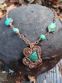 Copper and silver wire woven turquoise pendant with turquoise and copper chain