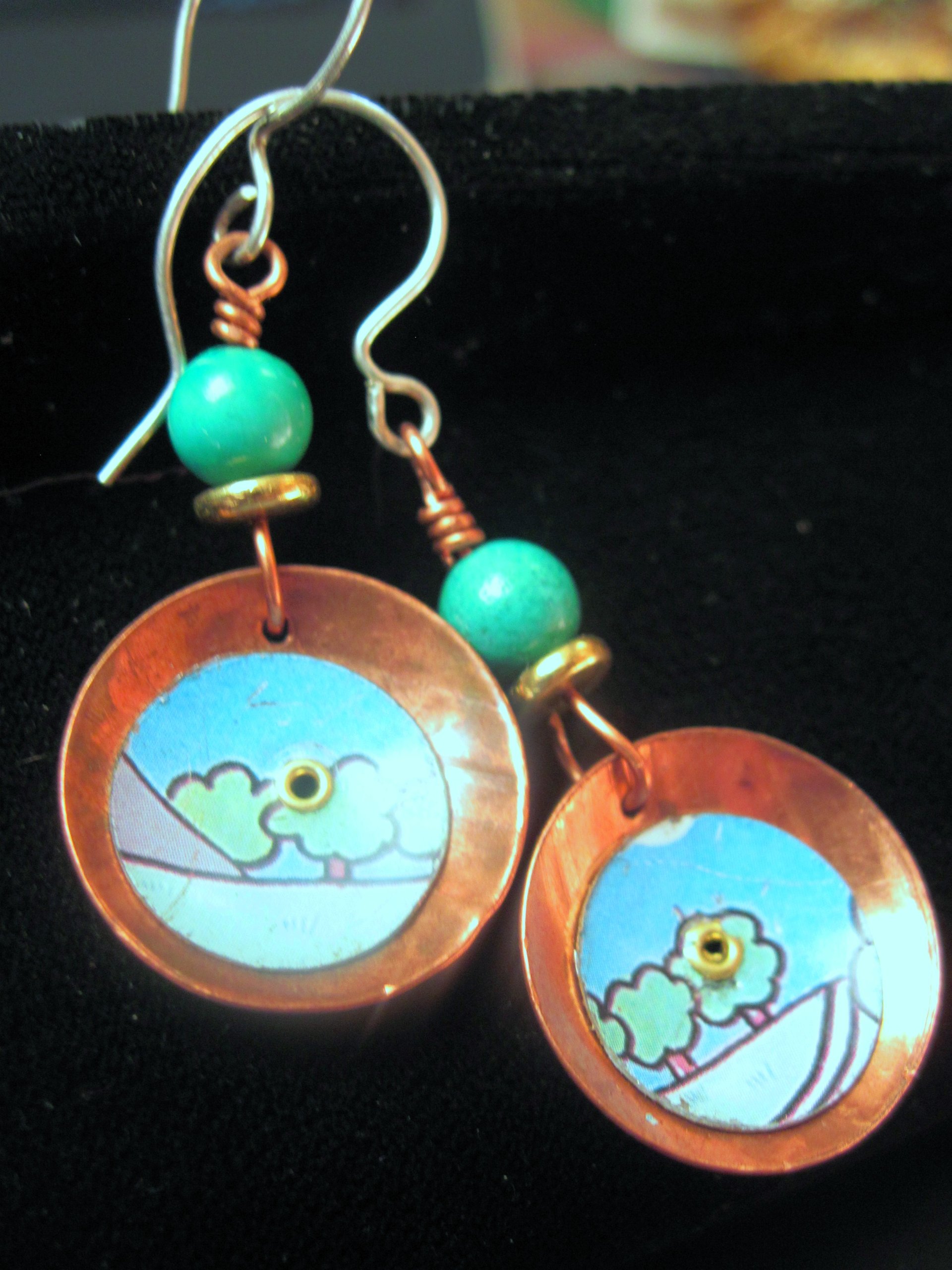 Recycled tin copper dangle earrings with turquoise bead