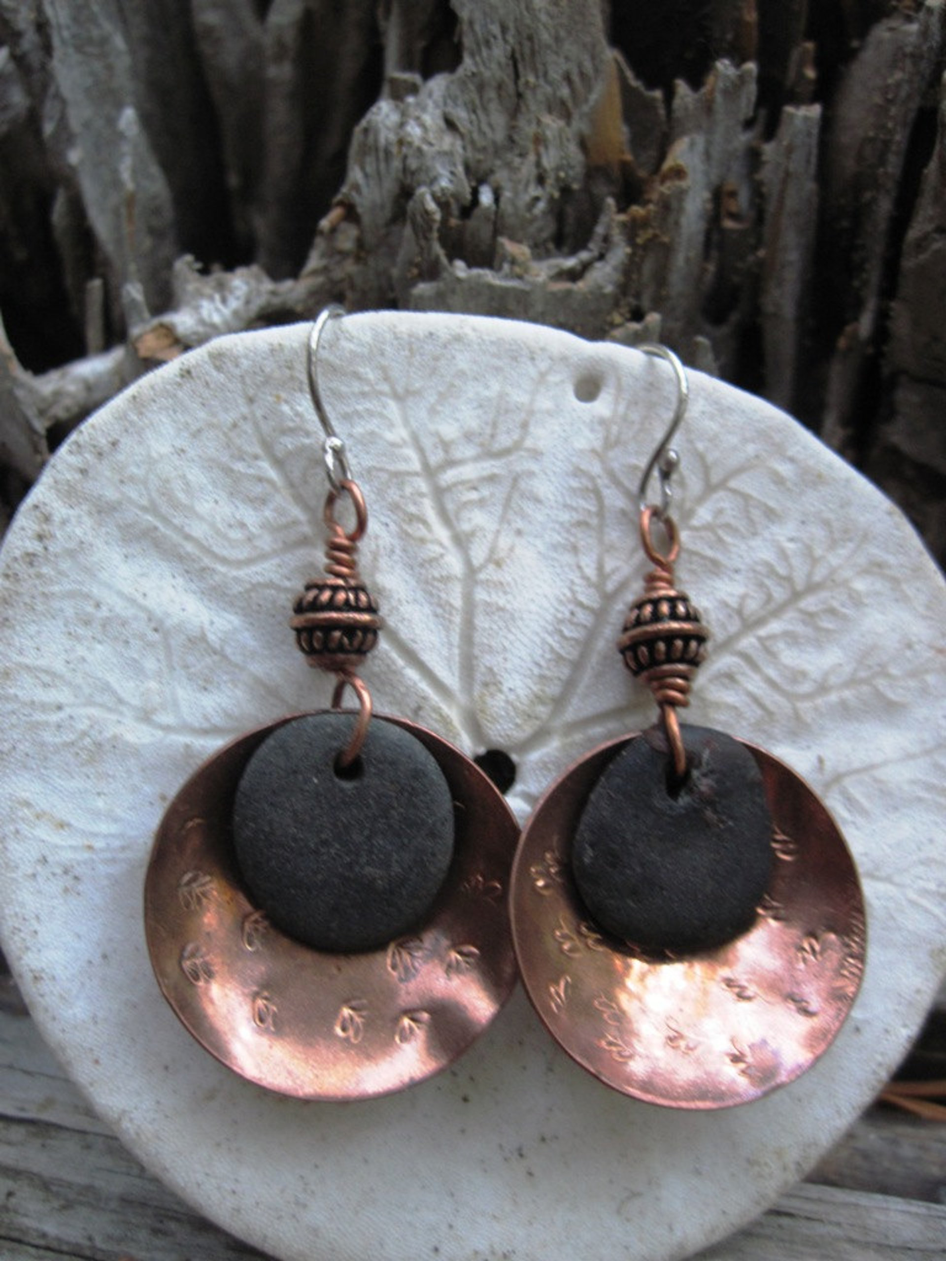 Copper and beach stone dangles