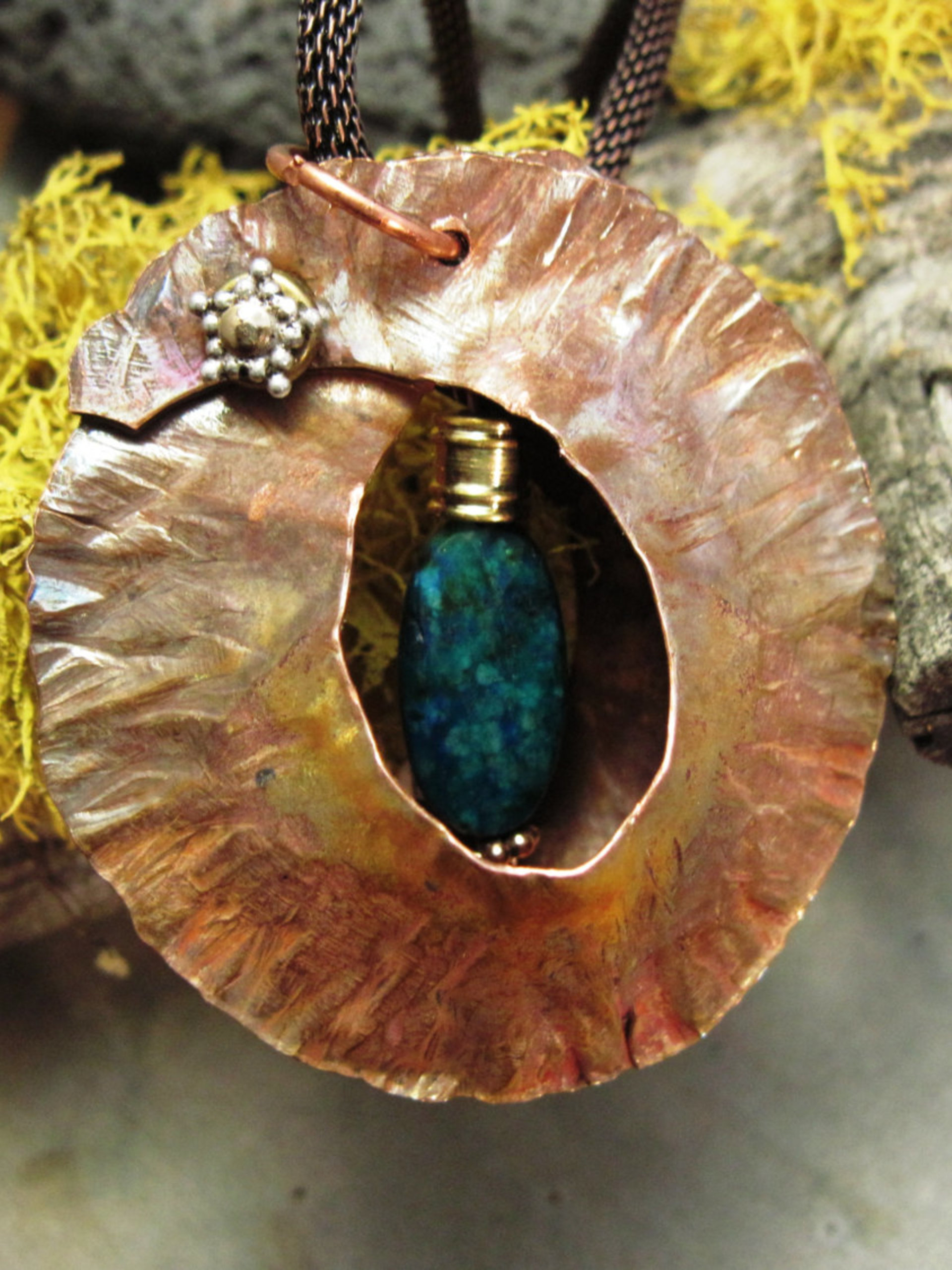 Fold form tribal pendant with azurite with malachite gemstone