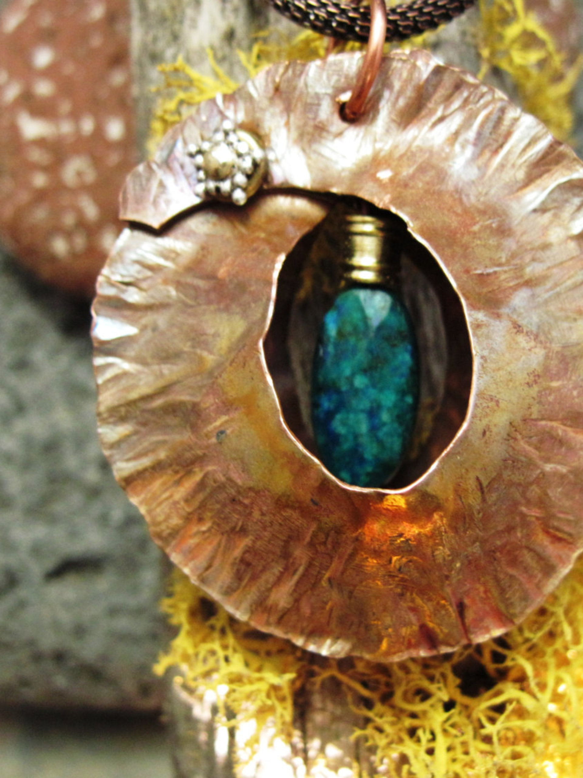 Fold form tribal pendant with azurite with malachite gemstone