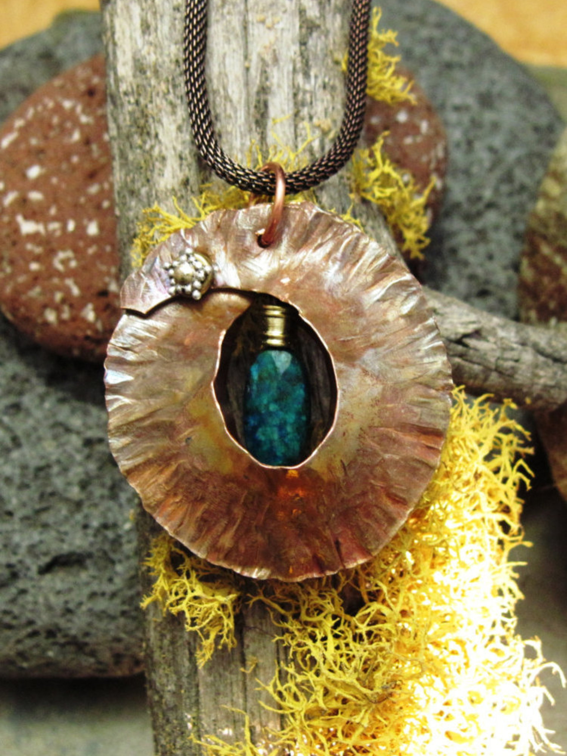 Fold form tribal pendant with azurite with malachite gemstone