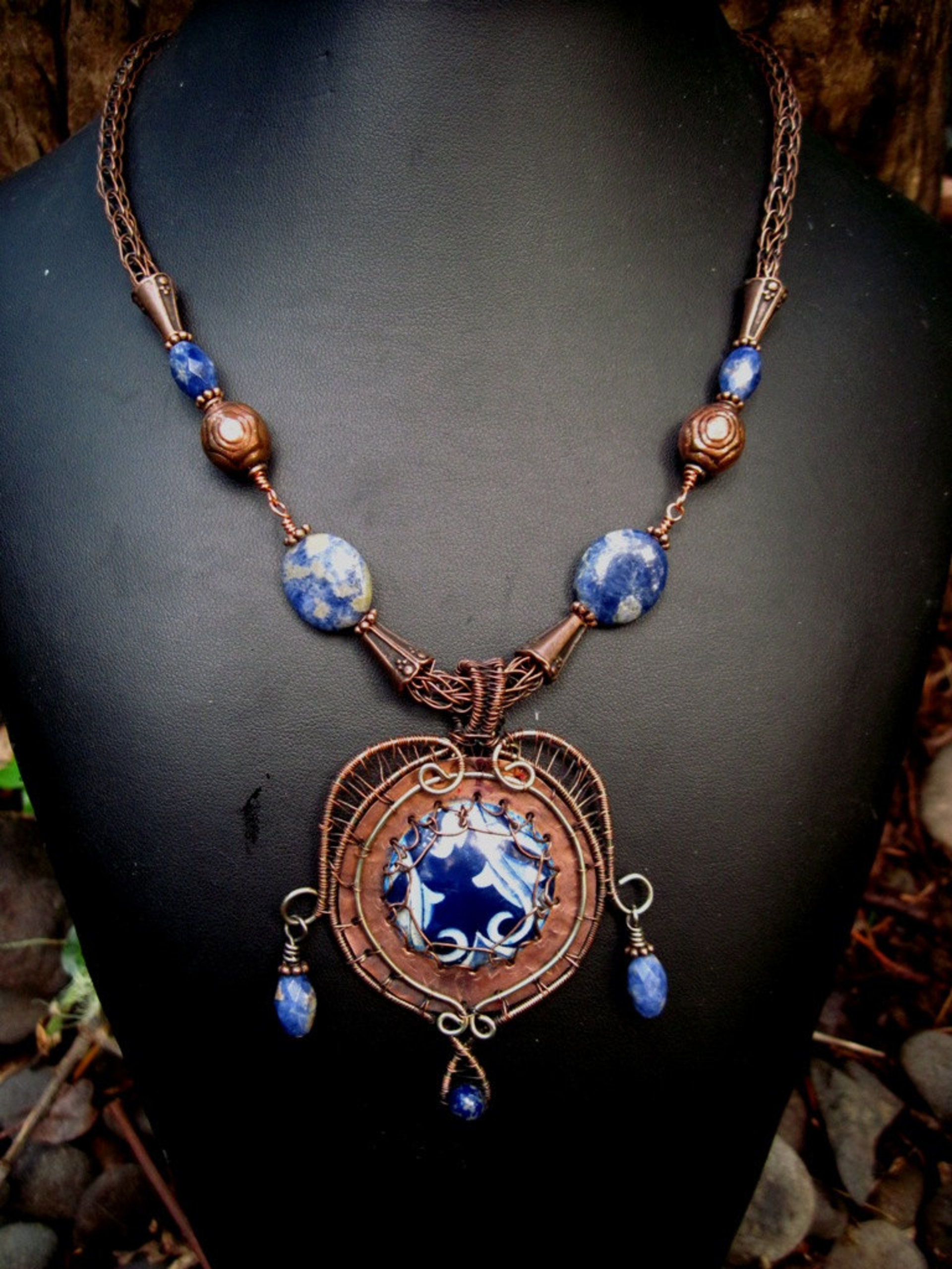Mixed metal heart shaped pendant with recycled vintage tin, sodalite, statement