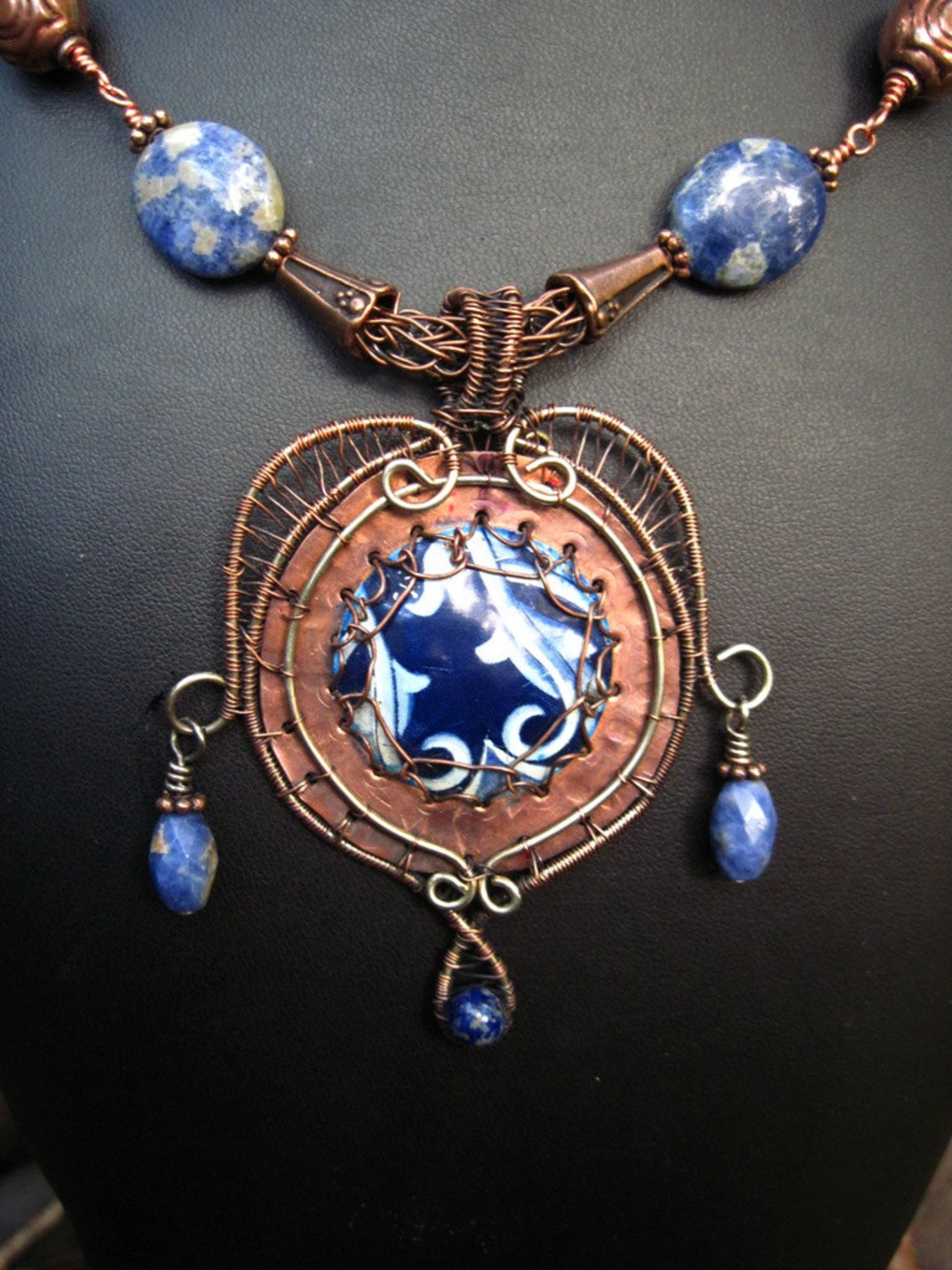 Mixed metal heart shaped pendant with recycled vintage tin, sodalite, statement