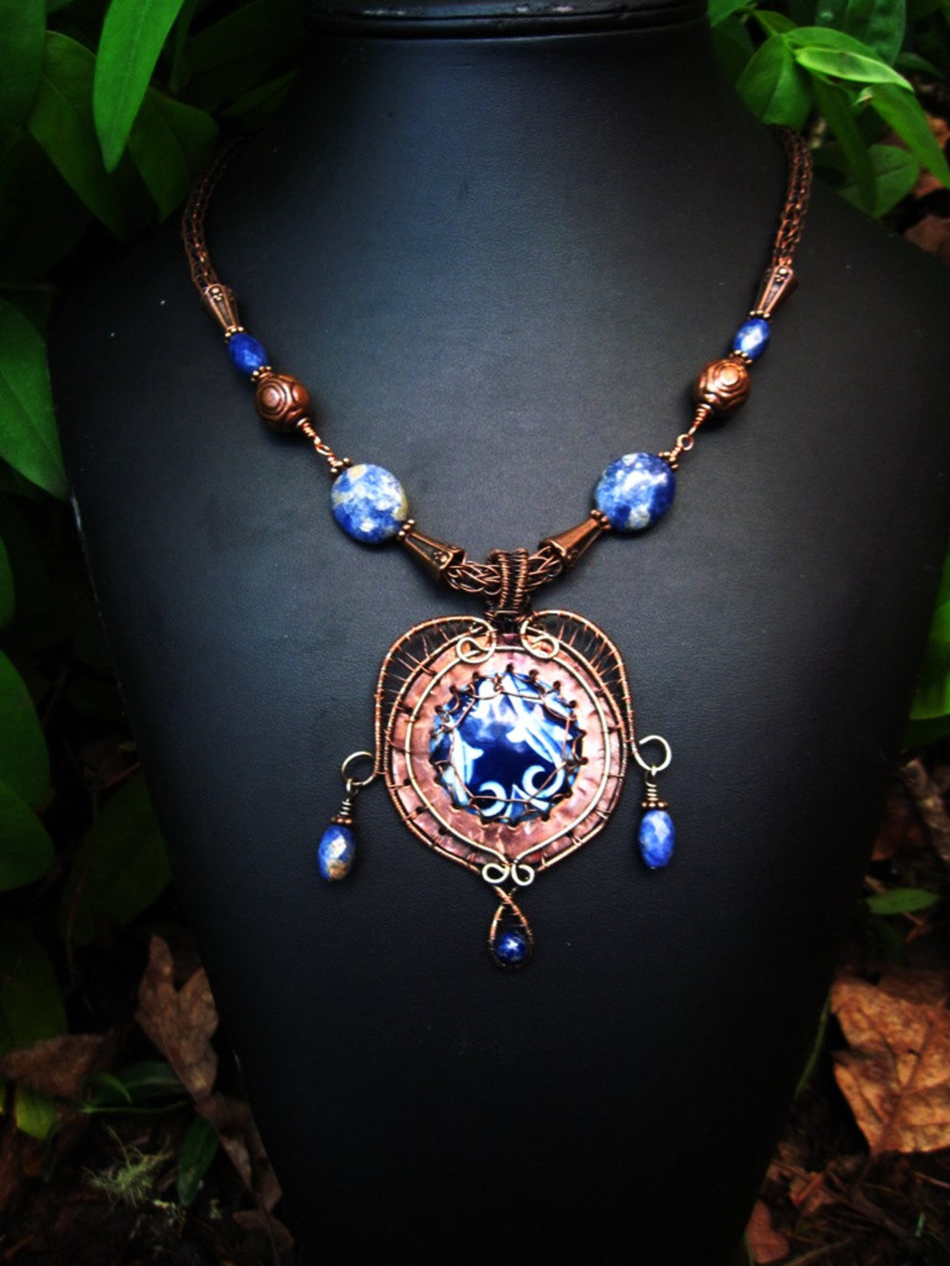 Mixed metal heart shaped pendant with recycled vintage tin, sodalite, statement
