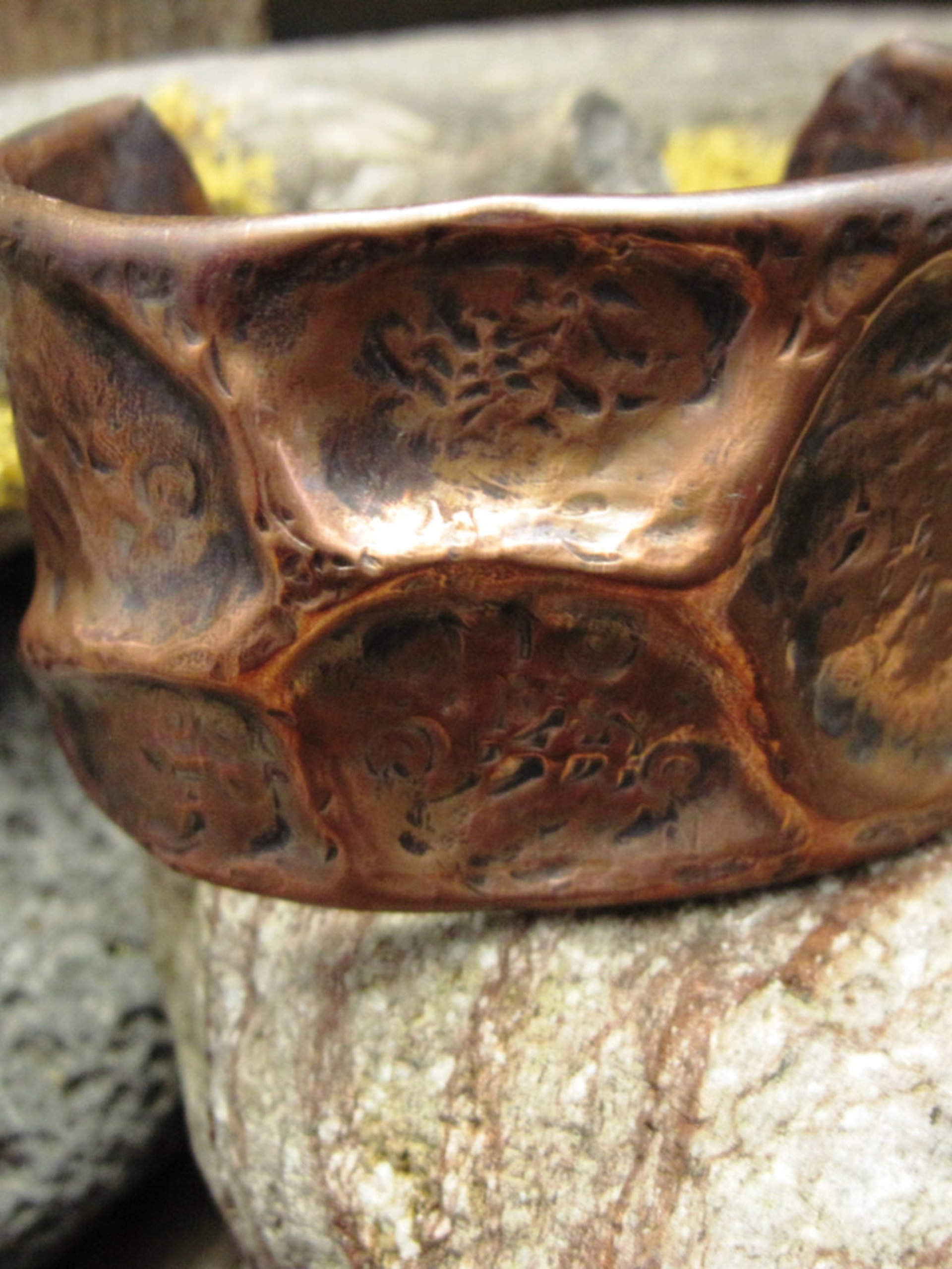 Wide Tribal  Air Chased Copper Cuff Bracelet Forged
