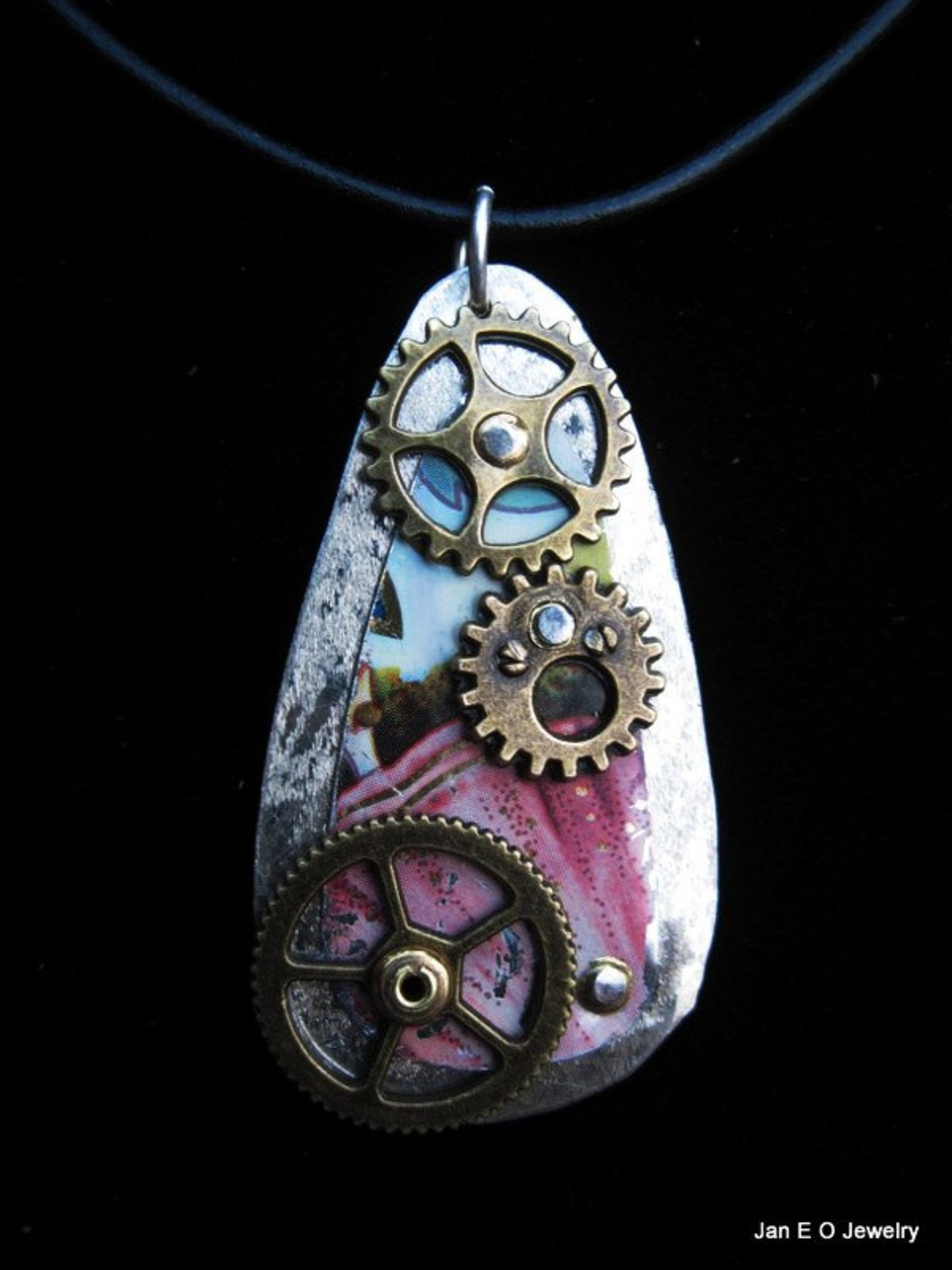Steampunk gears and recycled vintage tin pendant