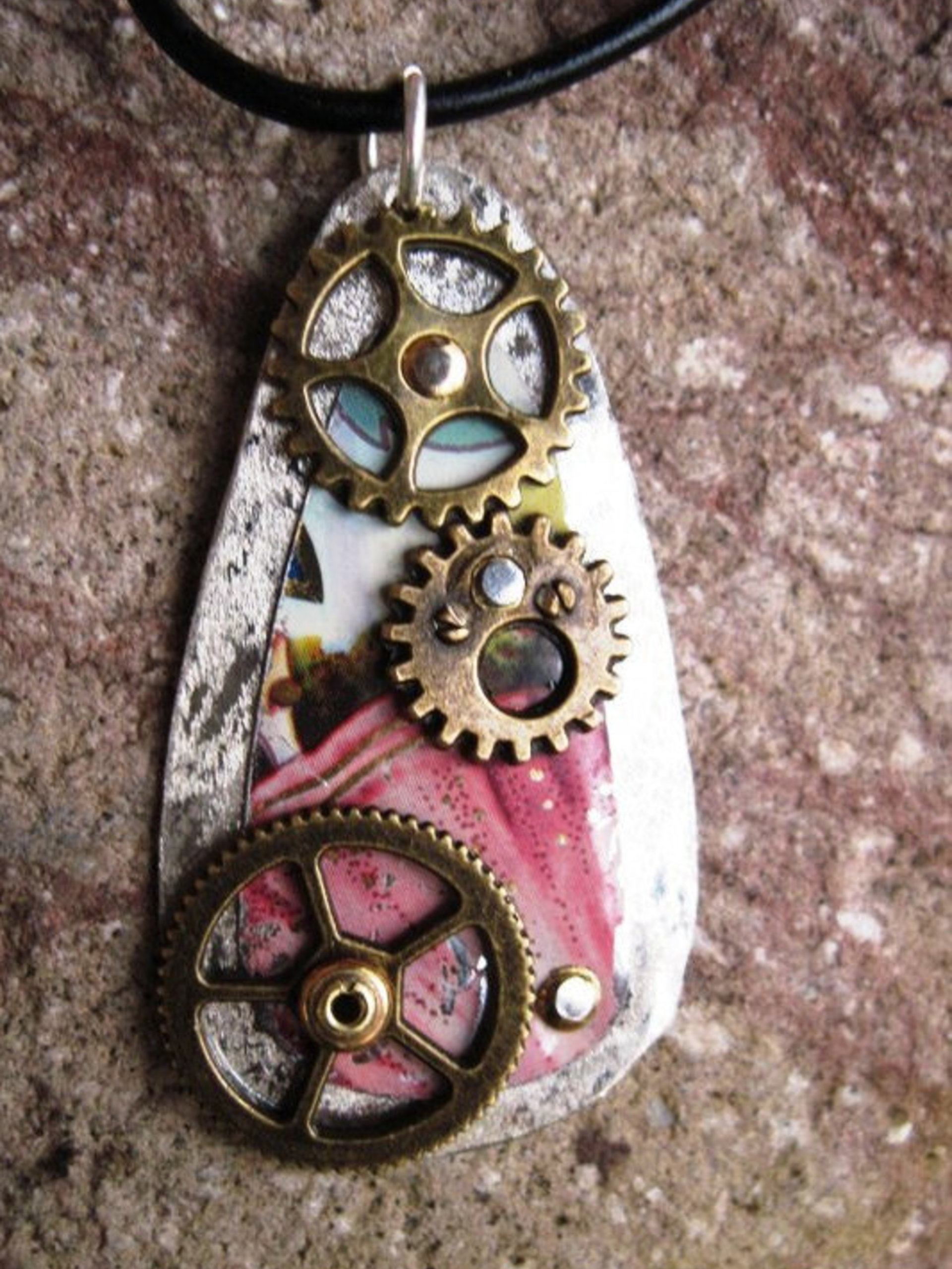 Steampunk gears and recycled vintage tin pendant