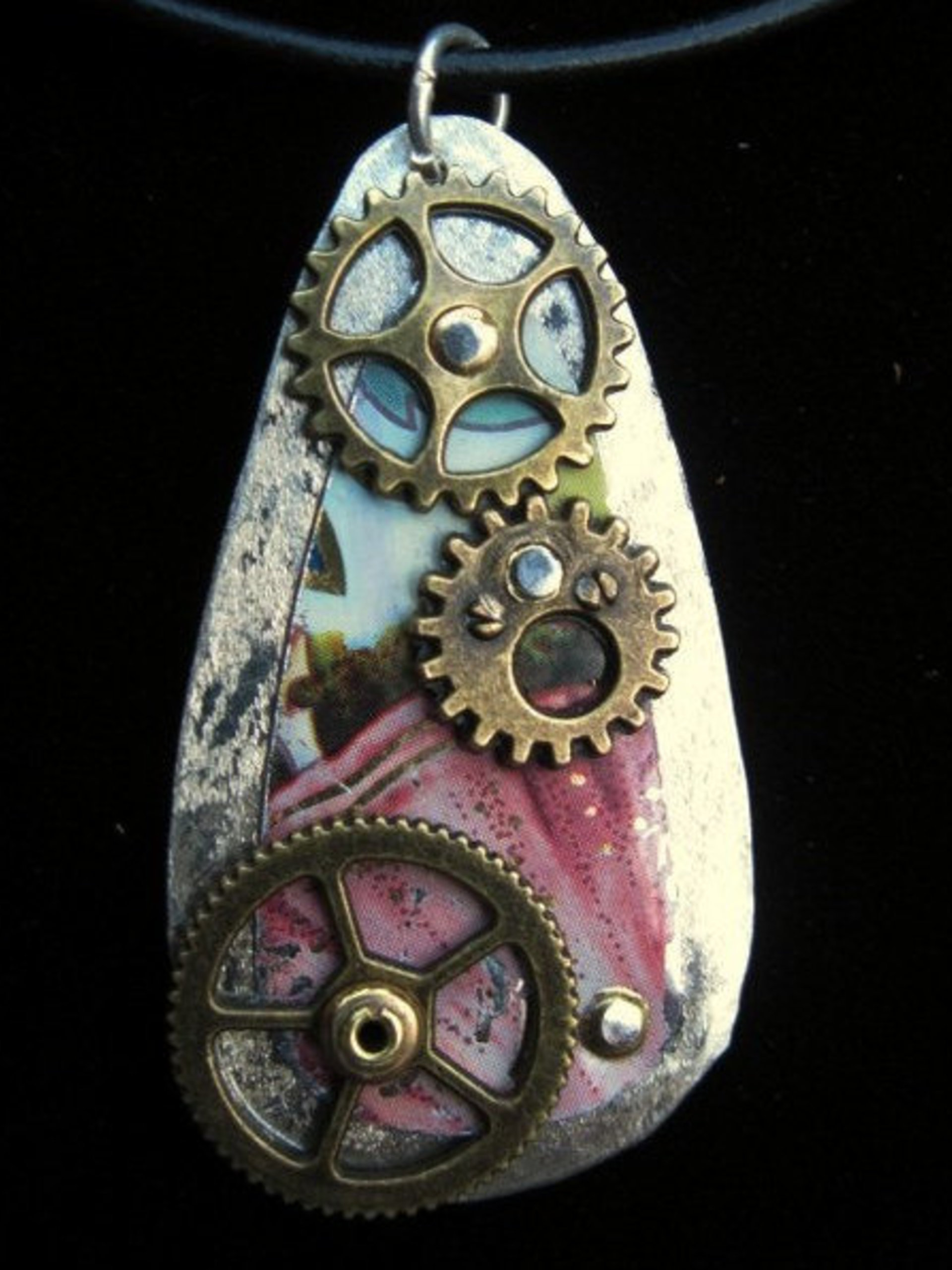 Steampunk gears and recycled vintage tin pendant