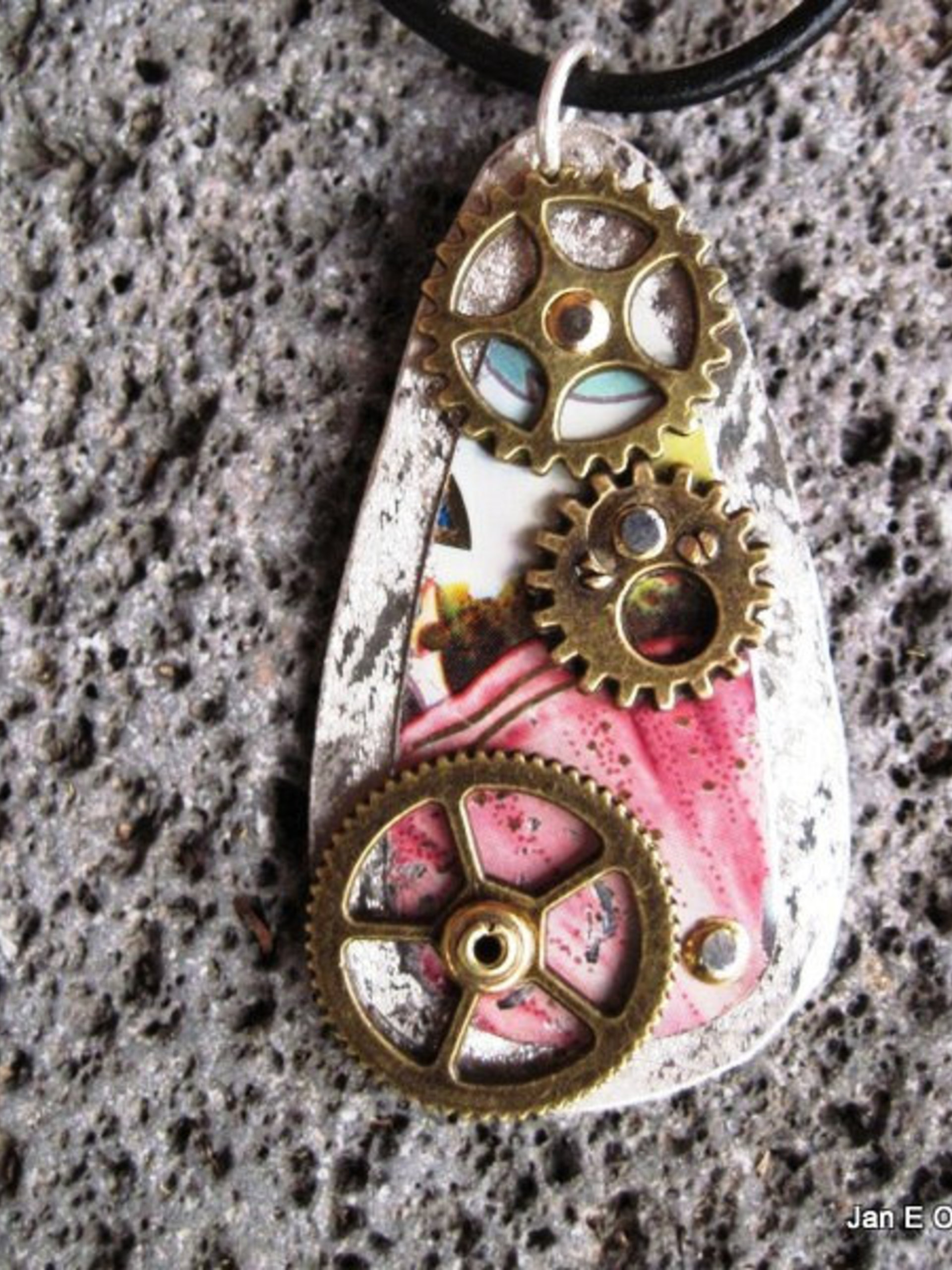 Steampunk gears and recycled vintage tin pendant