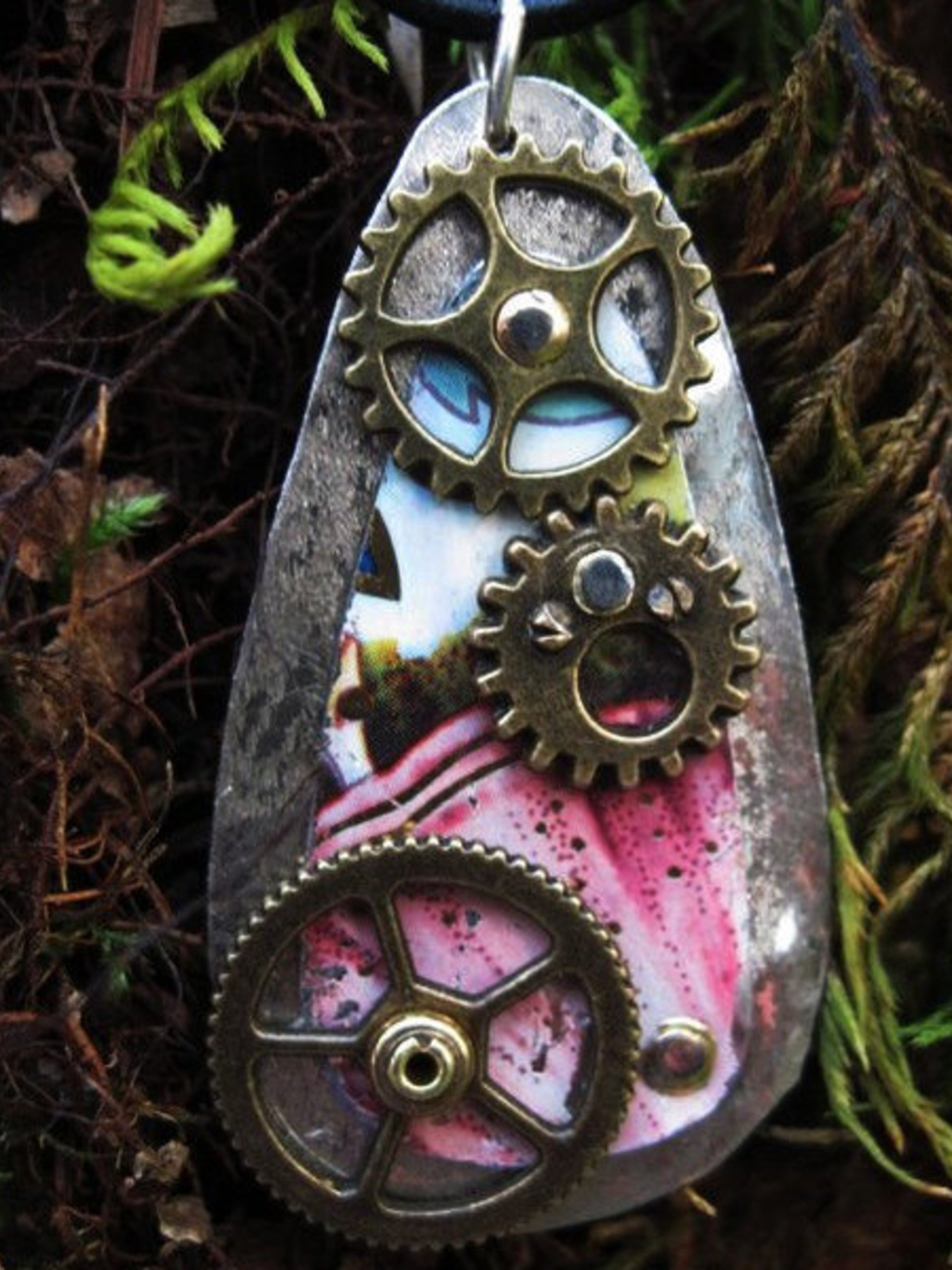 Steampunk gears and recycled vintage tin pendant