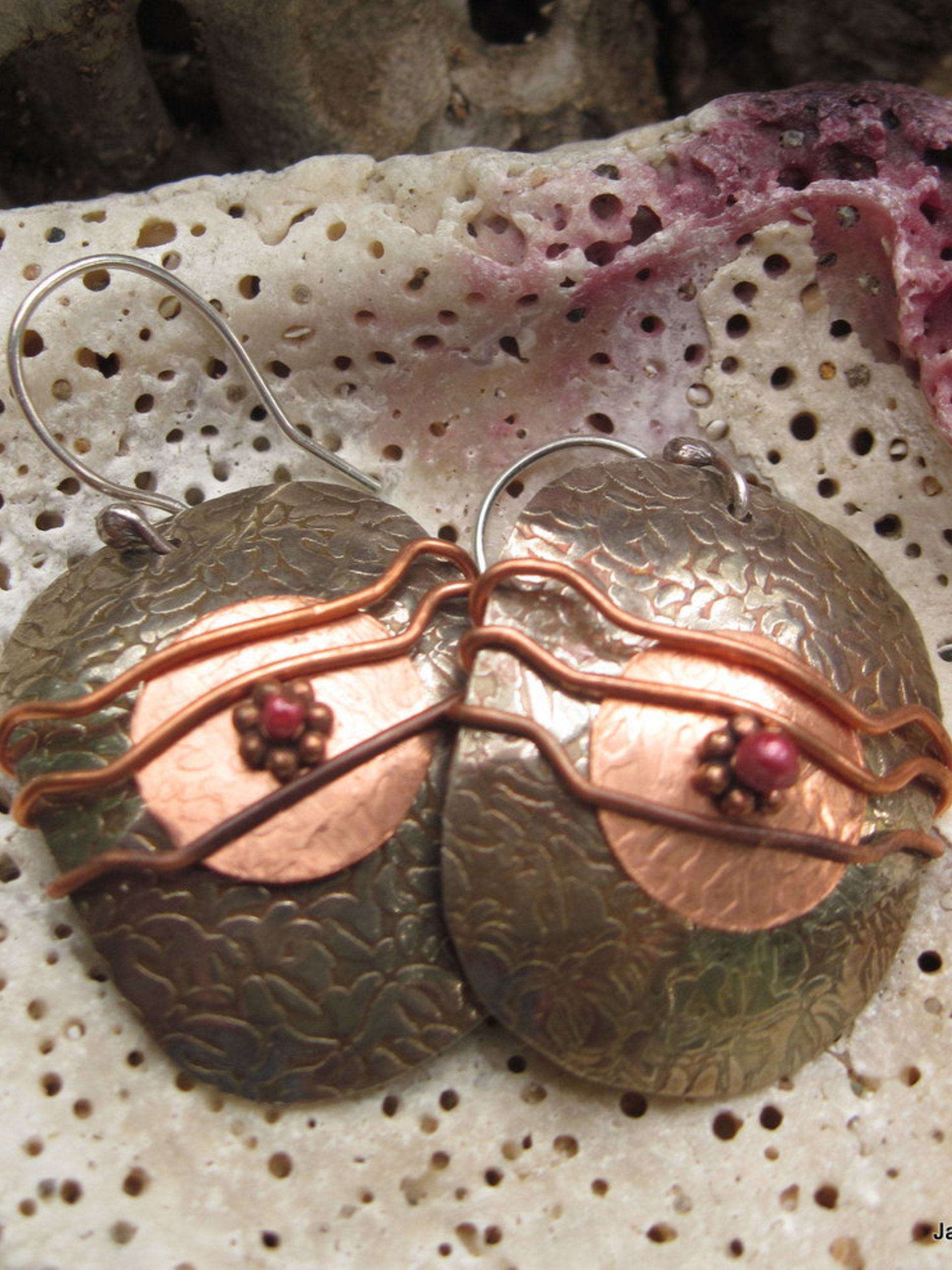 Etched silver and copper earrings