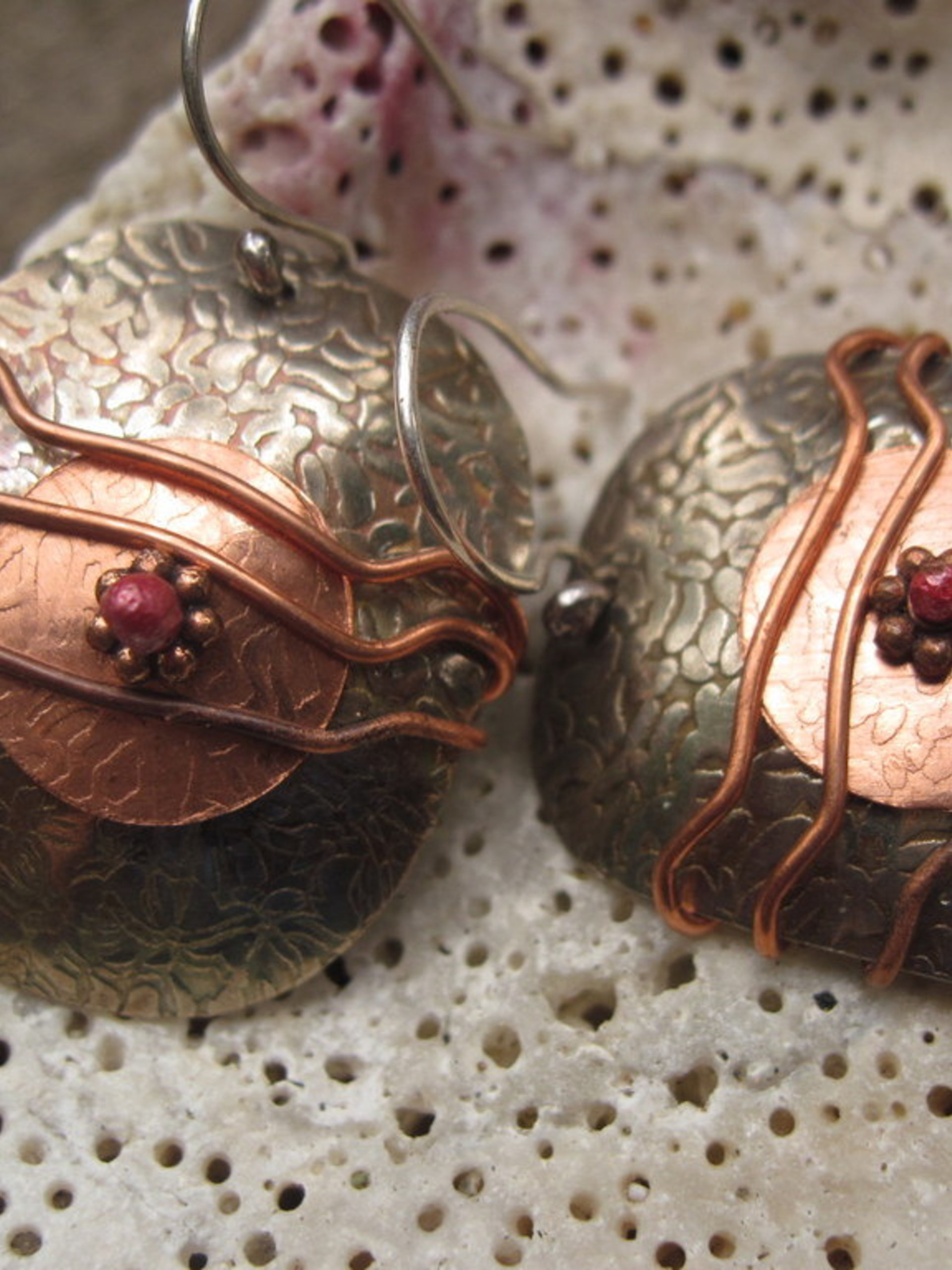 Etched silver and copper earrings