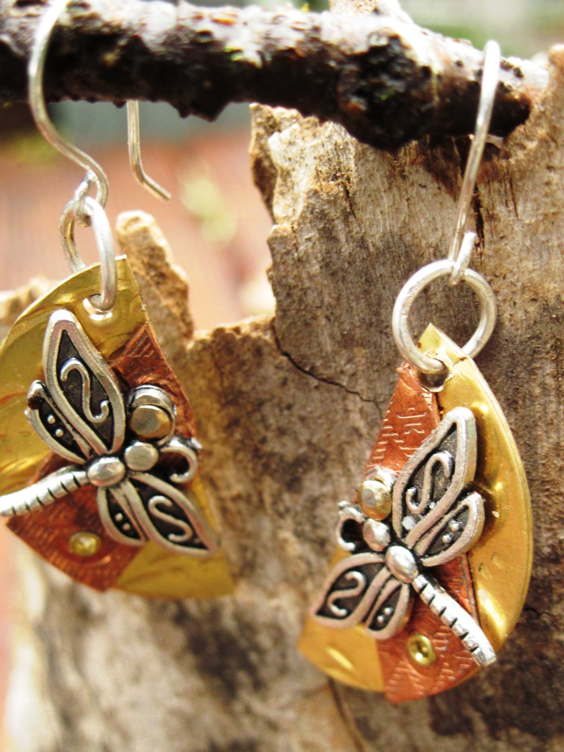 Mixed metal dragonfly half moon dangle earrings