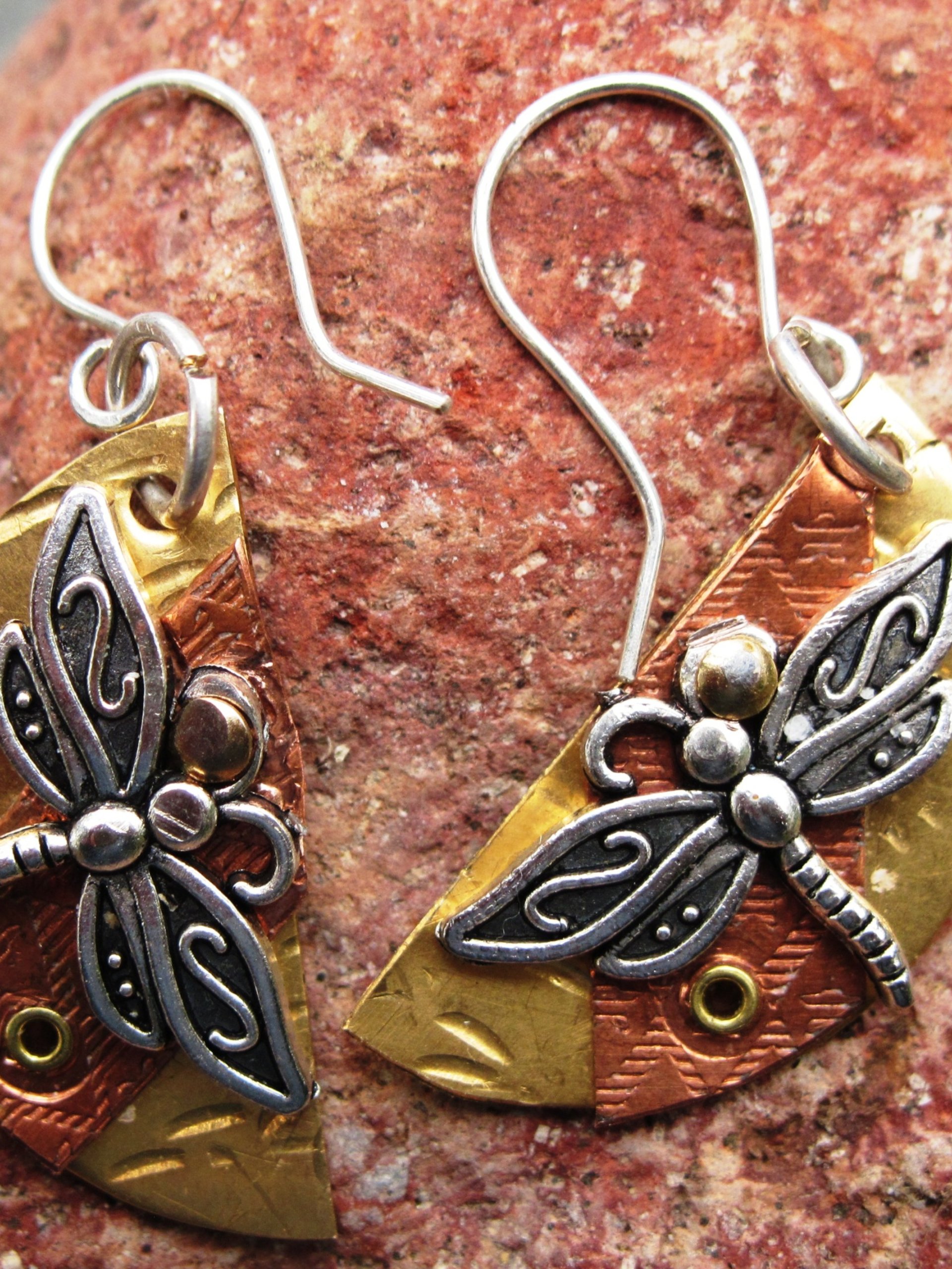 Mixed metal dragonfly half moon dangle earrings