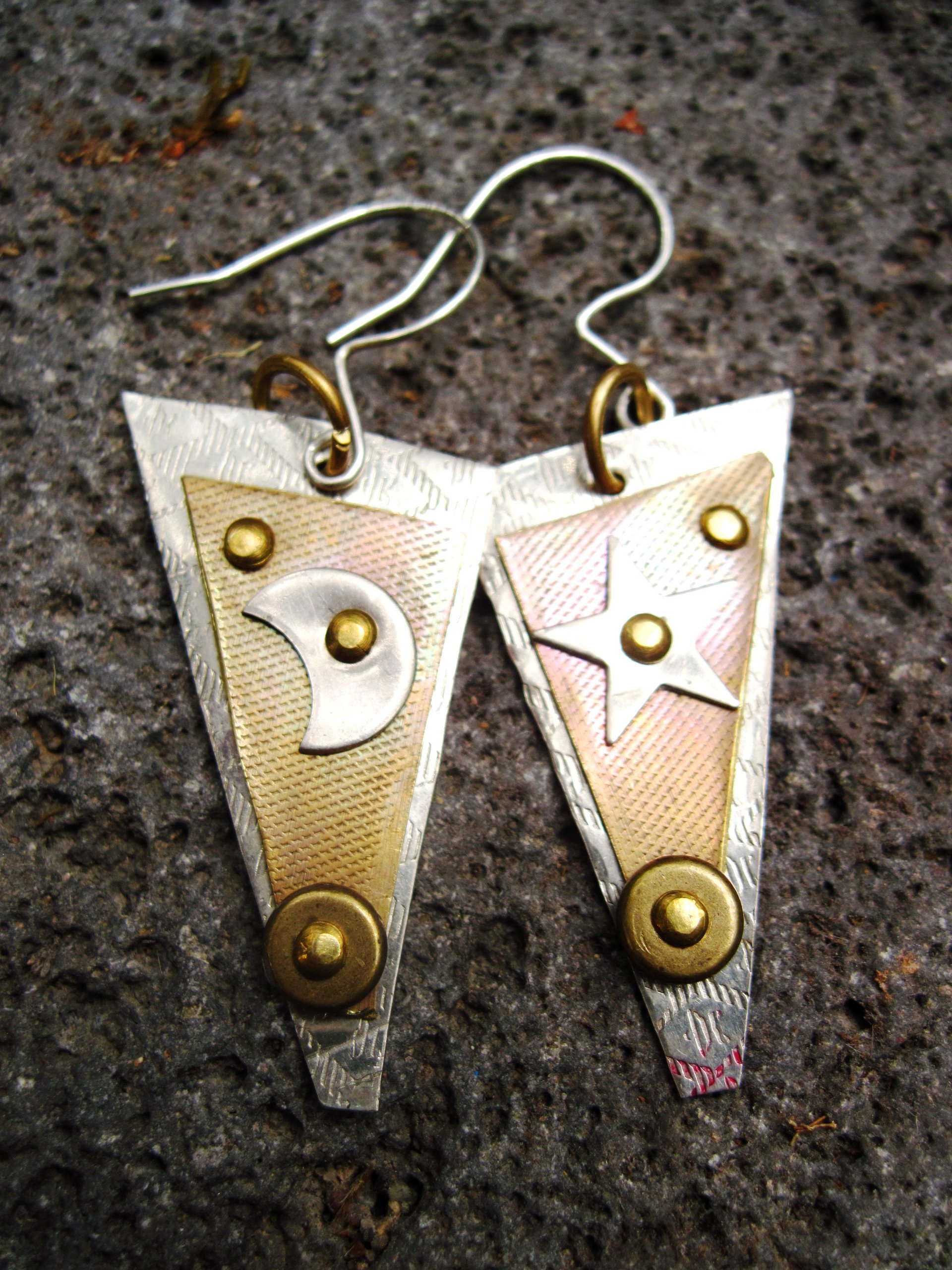 Mixed metal dangle earrings celestial star and moon