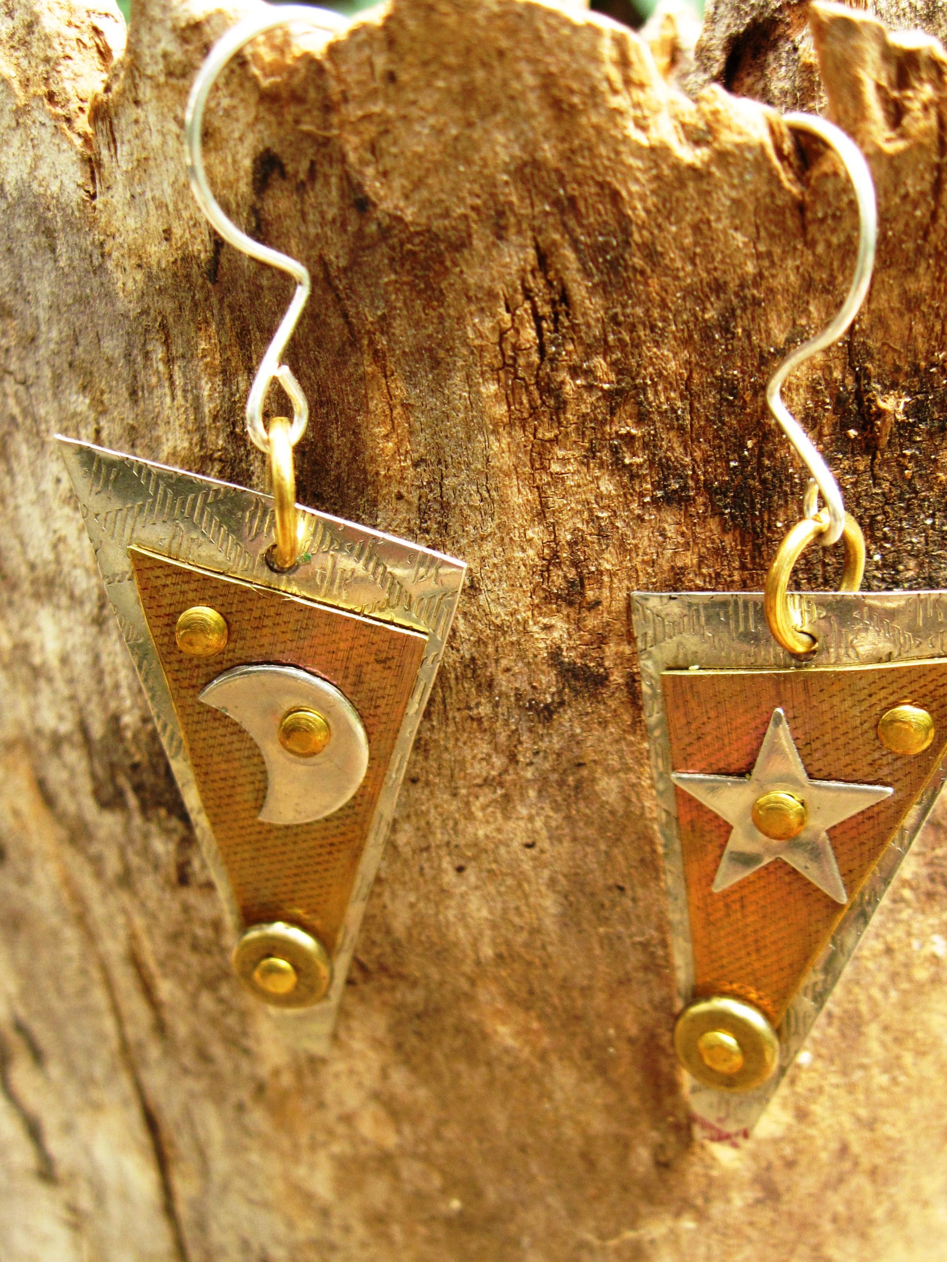 Mixed metal dangle earrings celestial star and moon