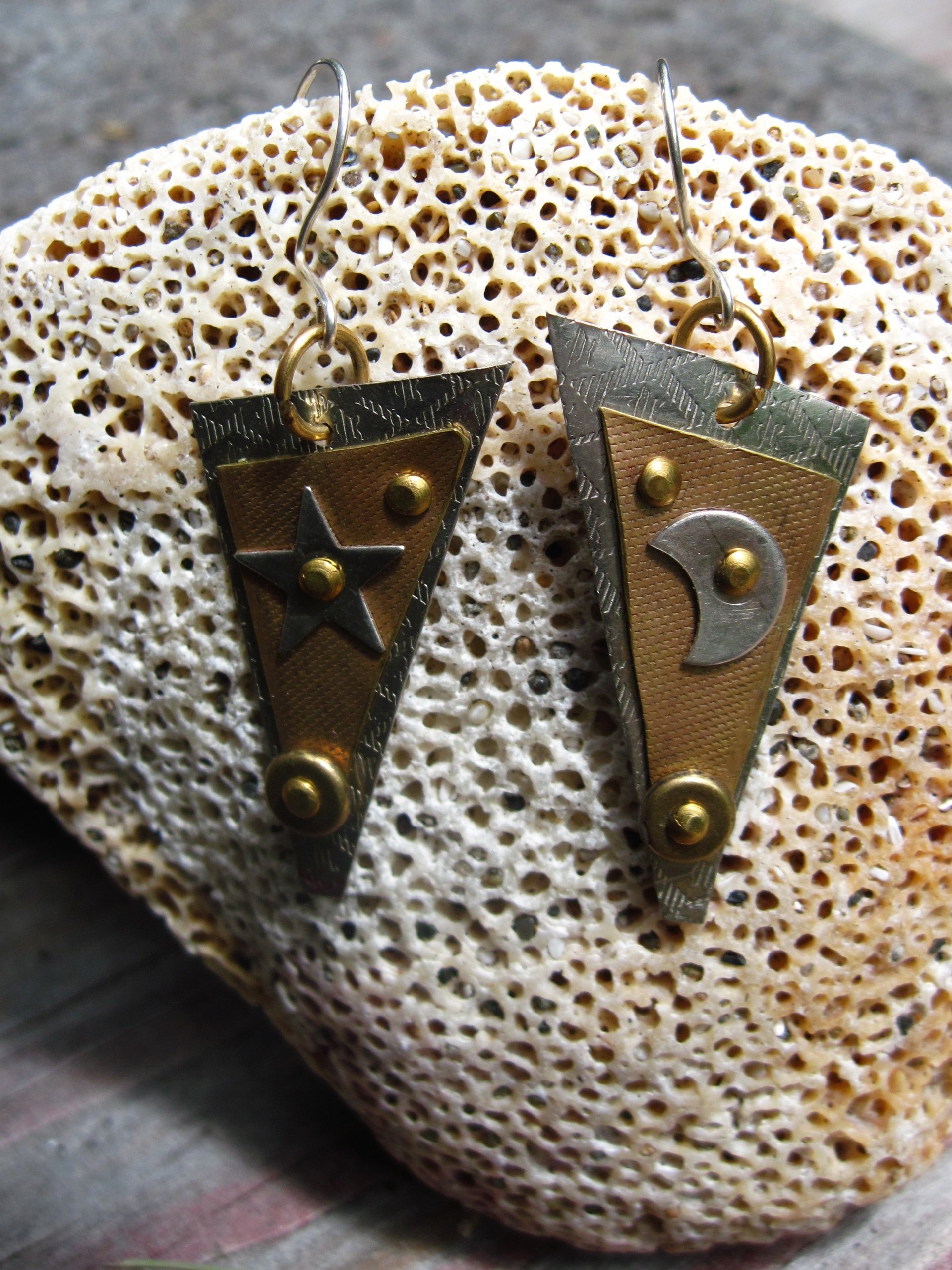 Mixed metal dangle earrings celestial star and moon