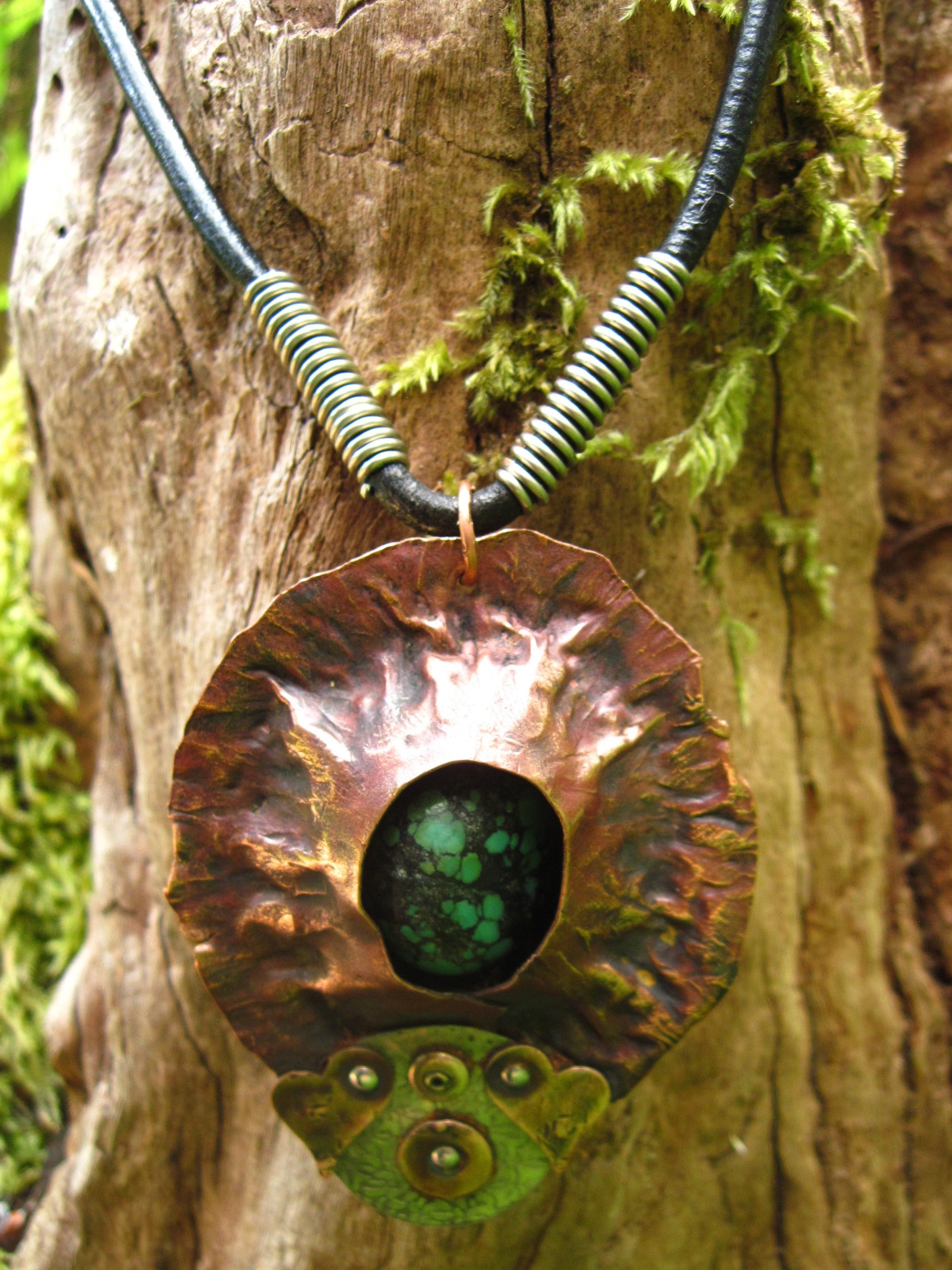 Copper mixed metal large fold form cocoon pendant with turquoise