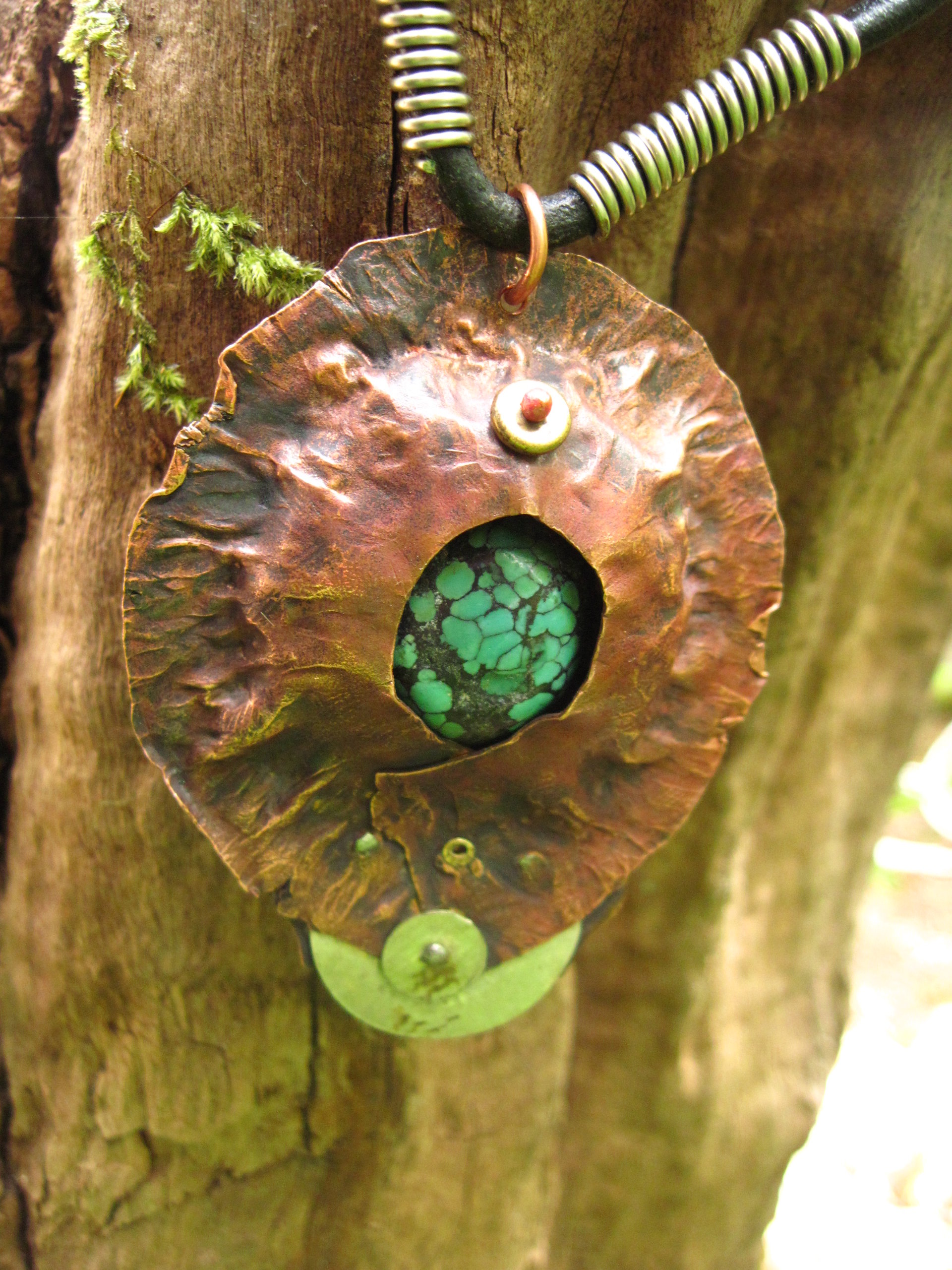 Copper mixed metal large fold form cocoon pendant with turquoise
