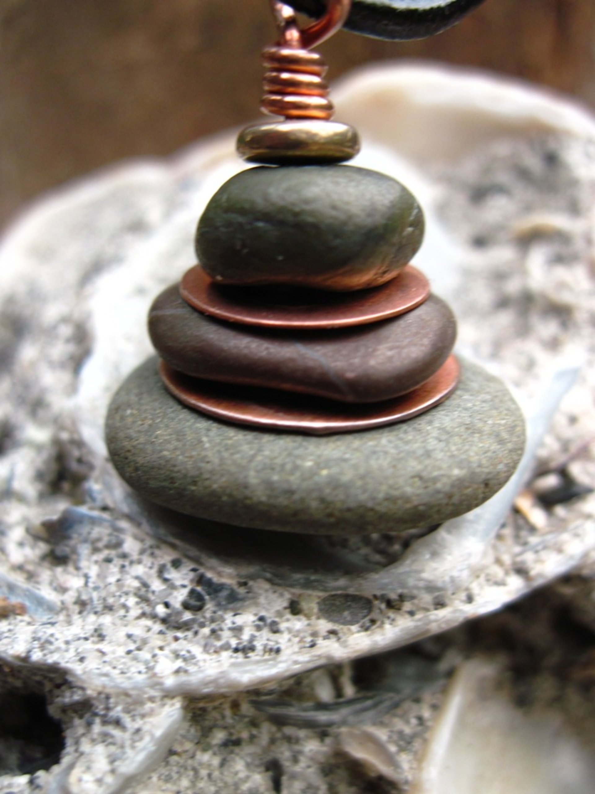 Oregon beach rock cairn in jaspers and recycled copper - Om Rock stacked stone p