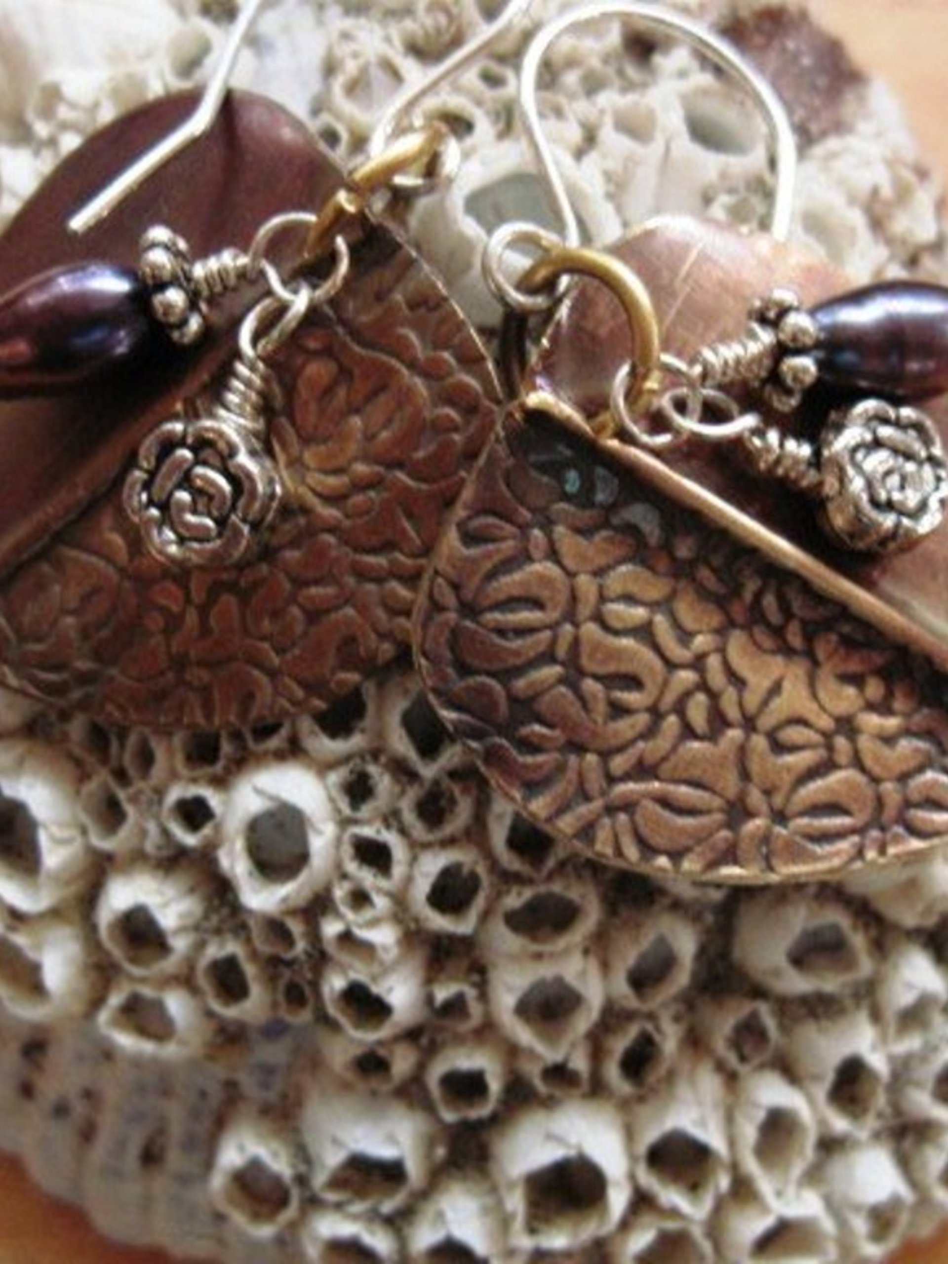 Tribal fold form bronze pearl and sterling earrings