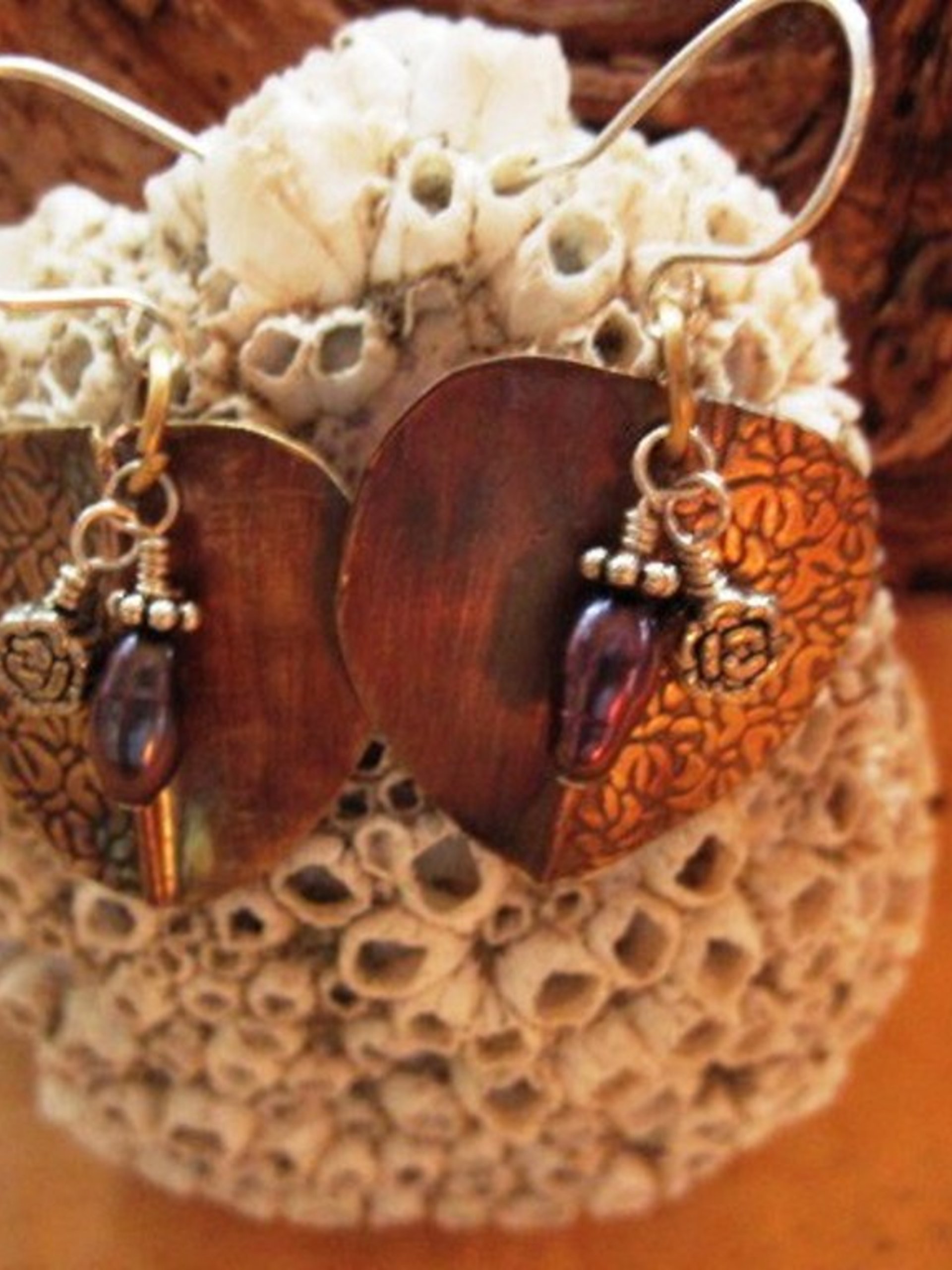Tribal fold form bronze pearl and sterling earrings