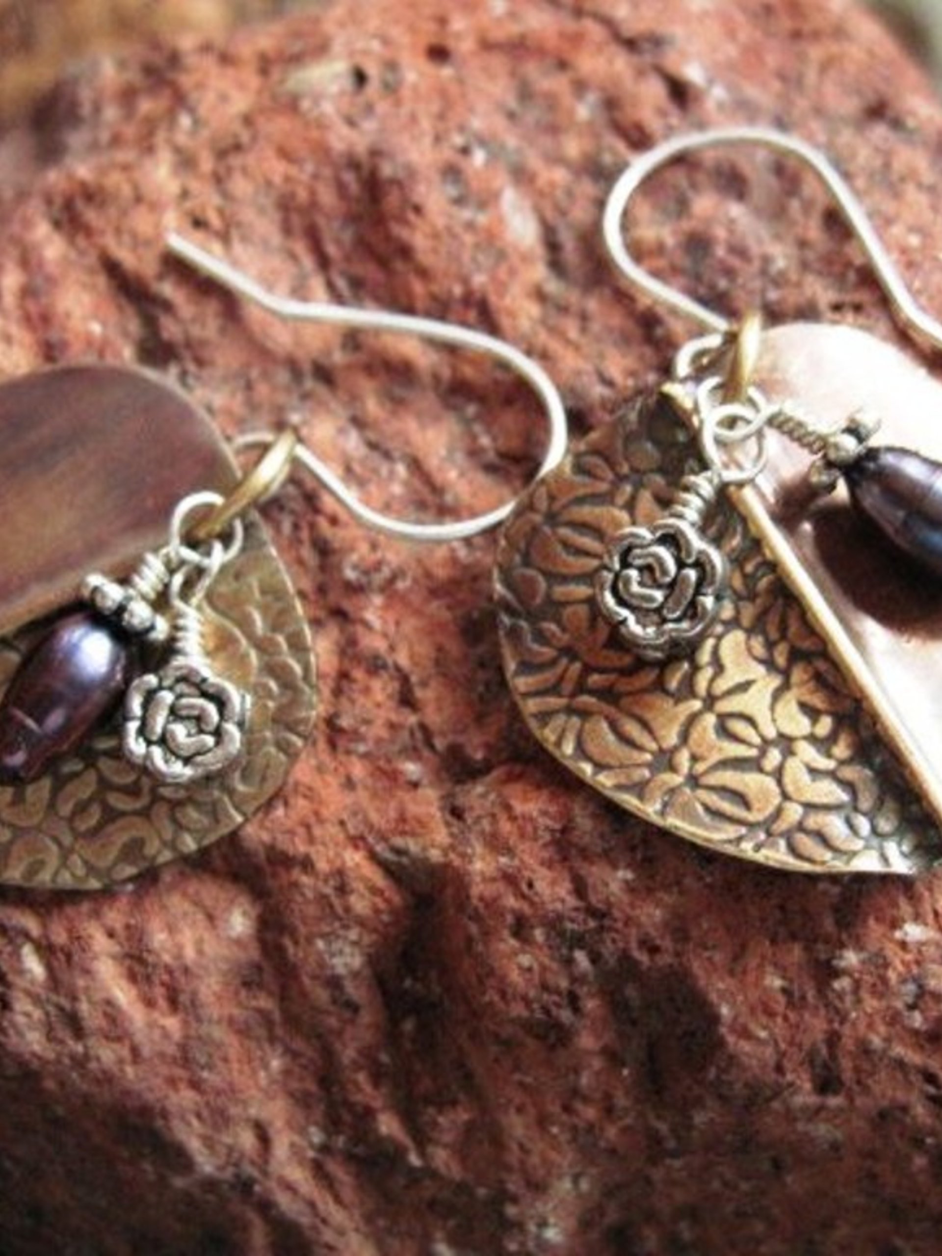 Tribal fold form bronze pearl and sterling earrings