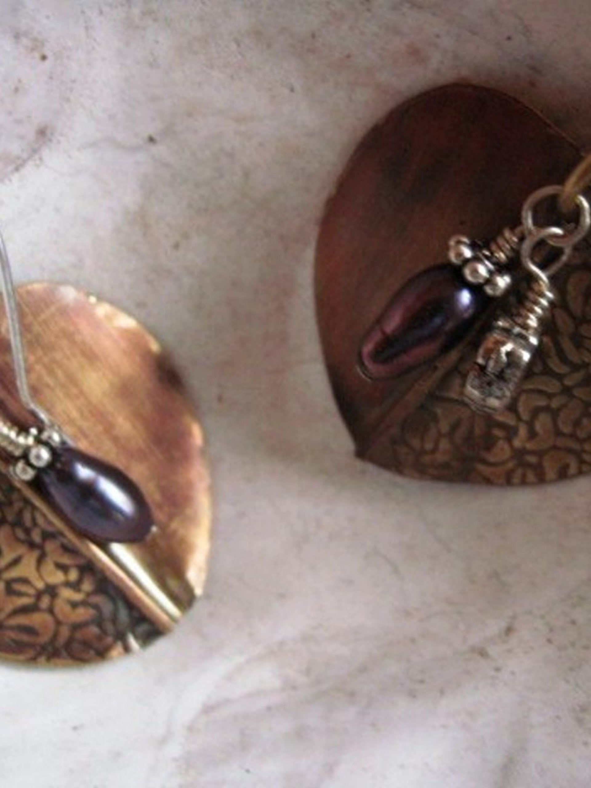 Tribal fold form bronze pearl and sterling earrings