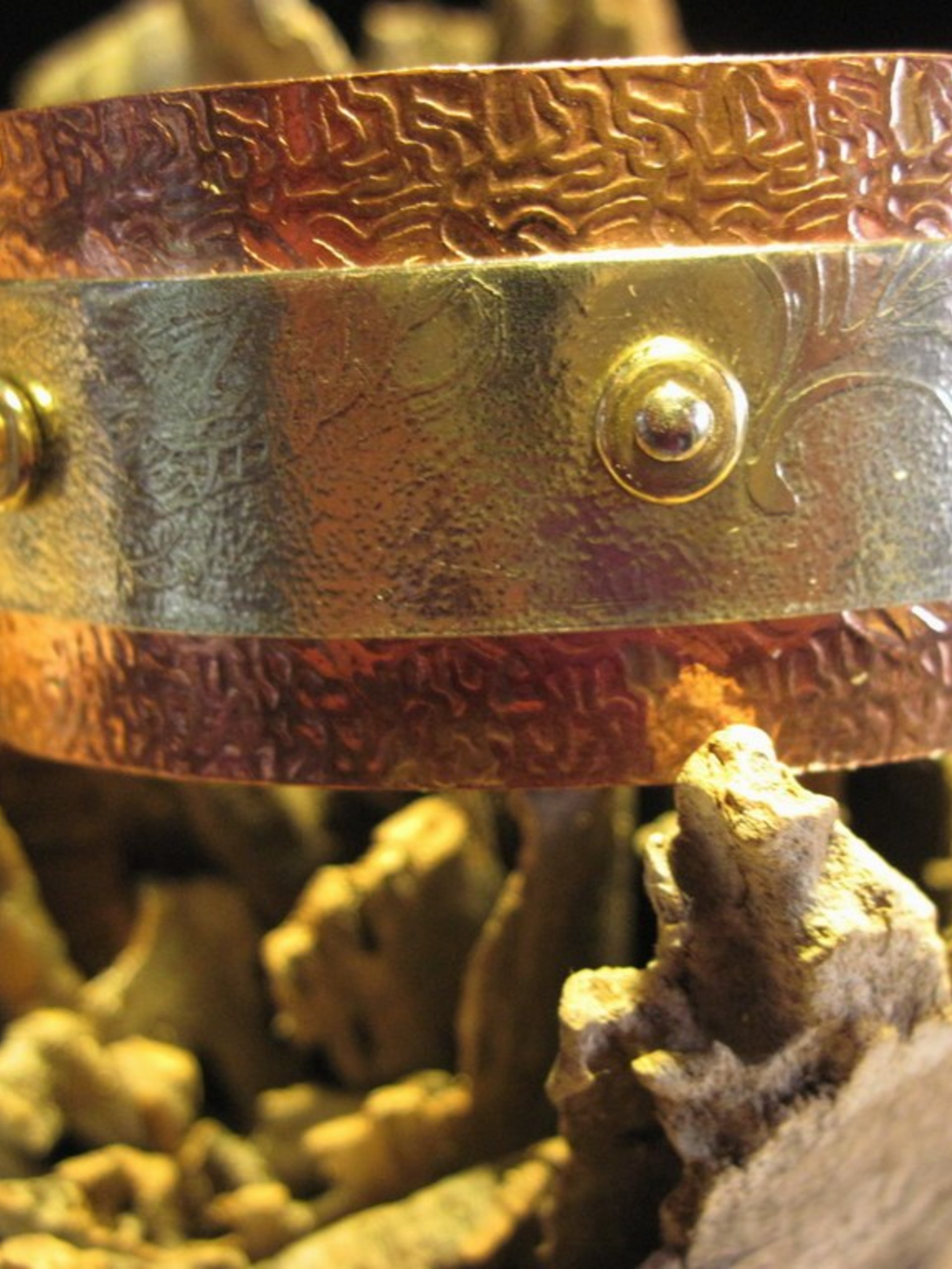 Mixed metal copper and German silver textured leaf design healing cuff
