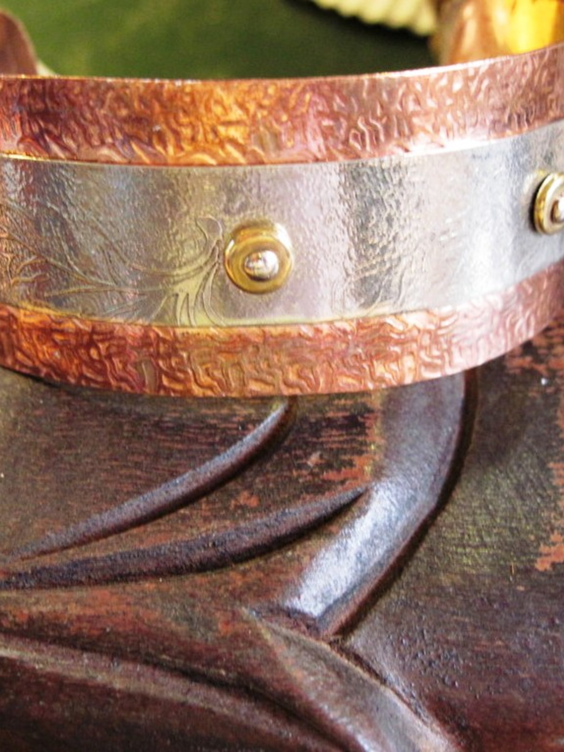 Mixed metal copper and German silver textured leaf design healing cuff
