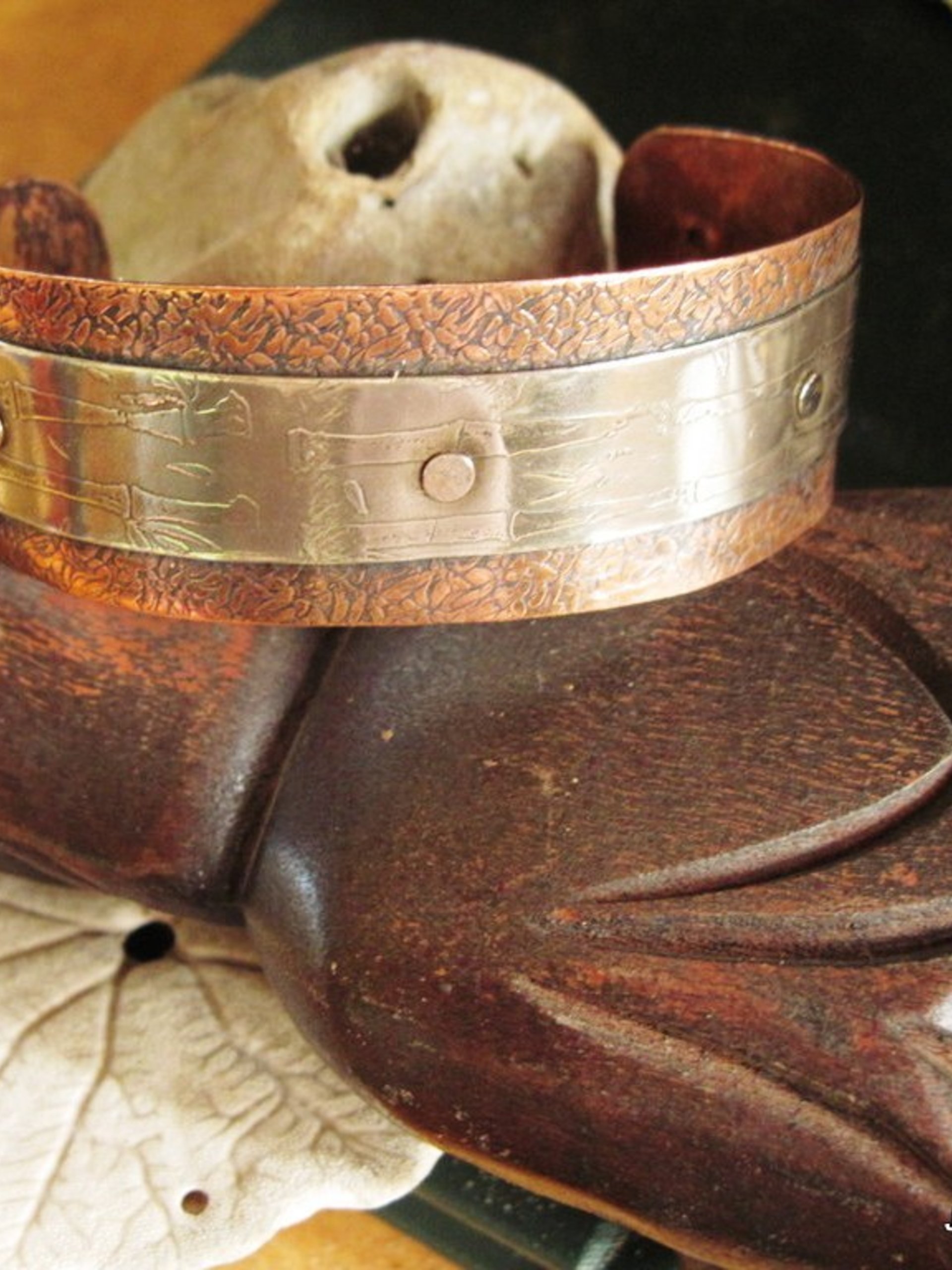 Mixed metal German silver and copper healing textured zen  design cuff