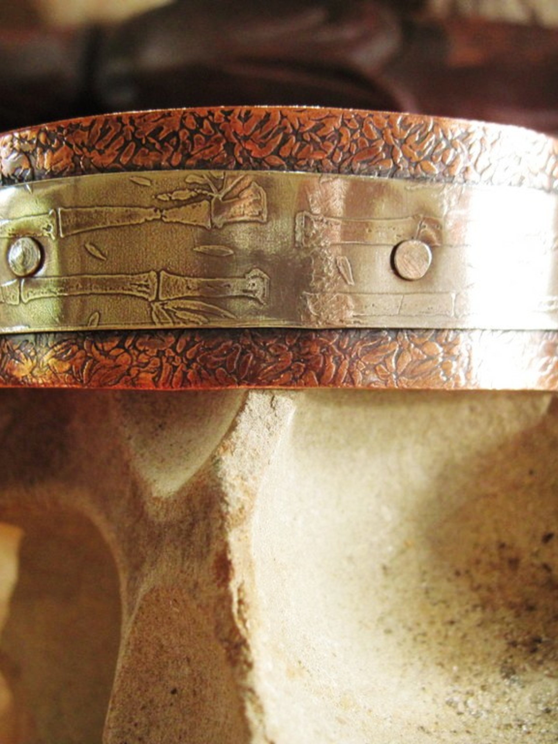 Mixed metal German silver and copper healing textured zen  design cuff