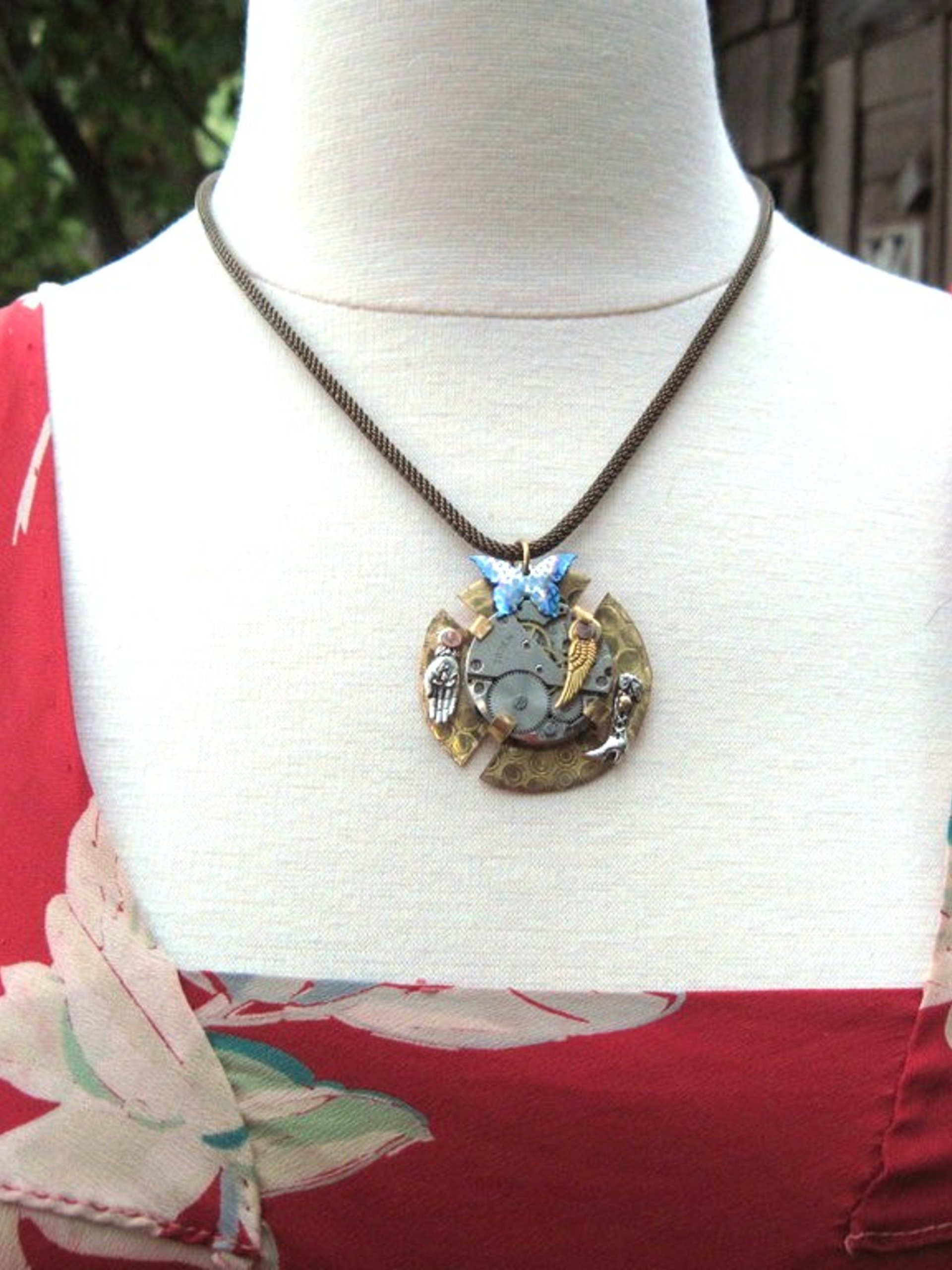 Steampunk mixed metal watchwork brass pendant