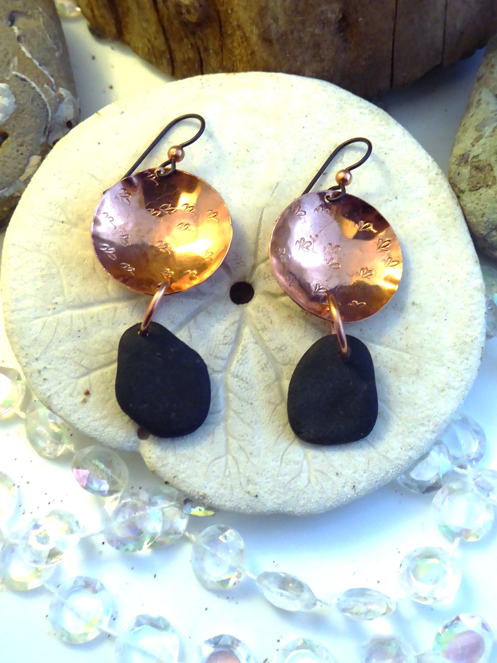Om Rock Copper Dangle Beach Stone Earrings