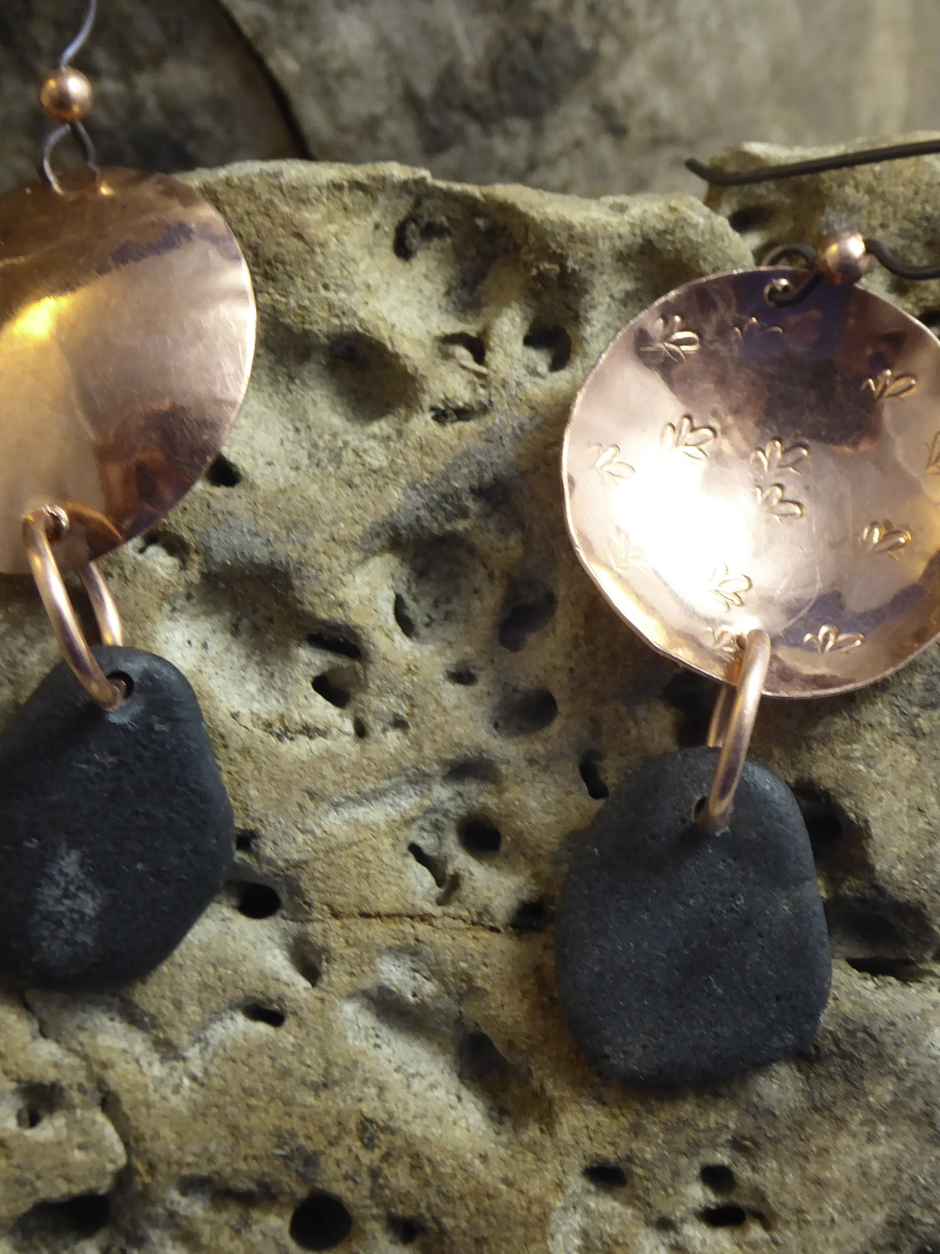 Om Rock Copper Dangle Beach Stone Earrings