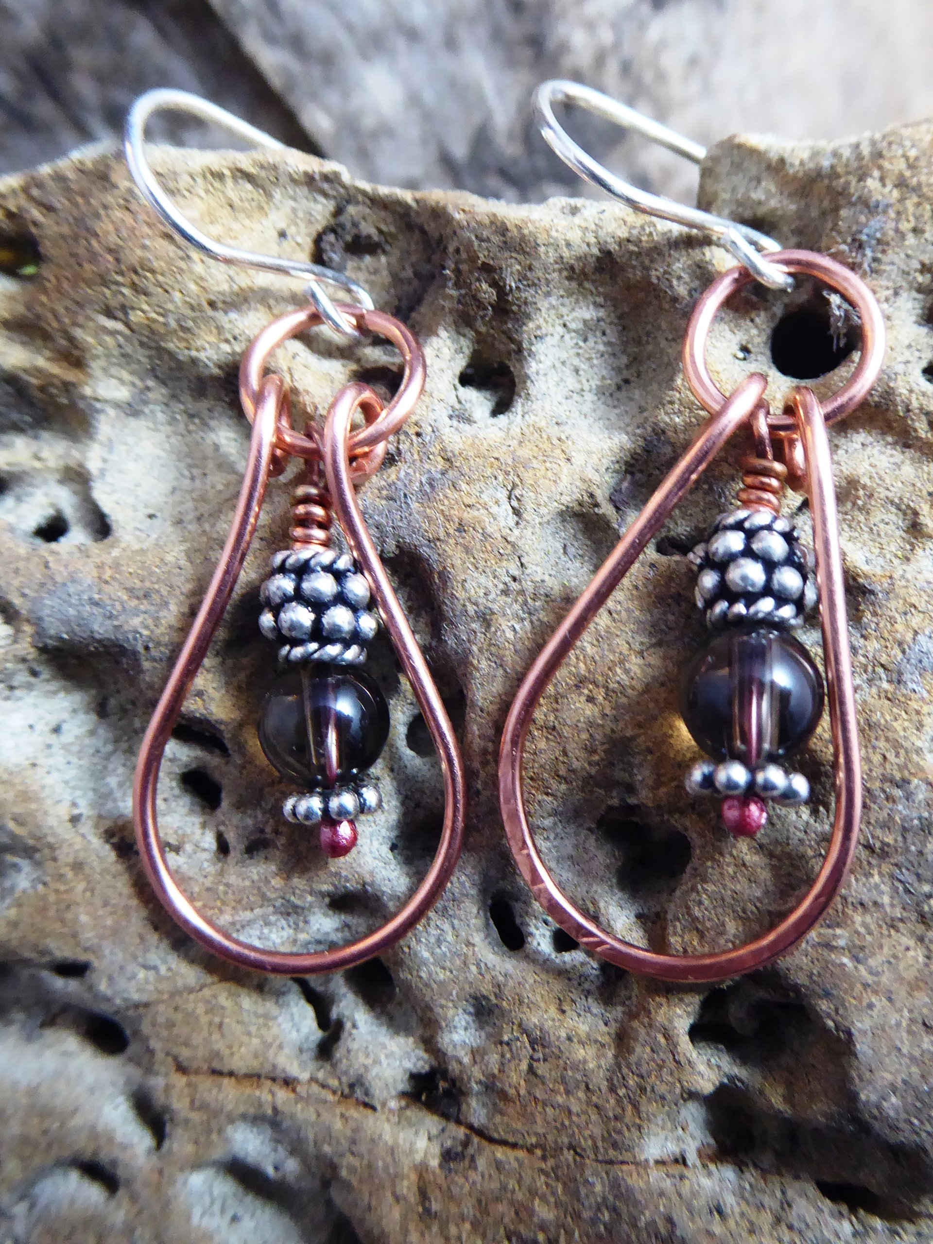 Smoky quartz gemstone drop dangles with copper and silver hoop earrings healing