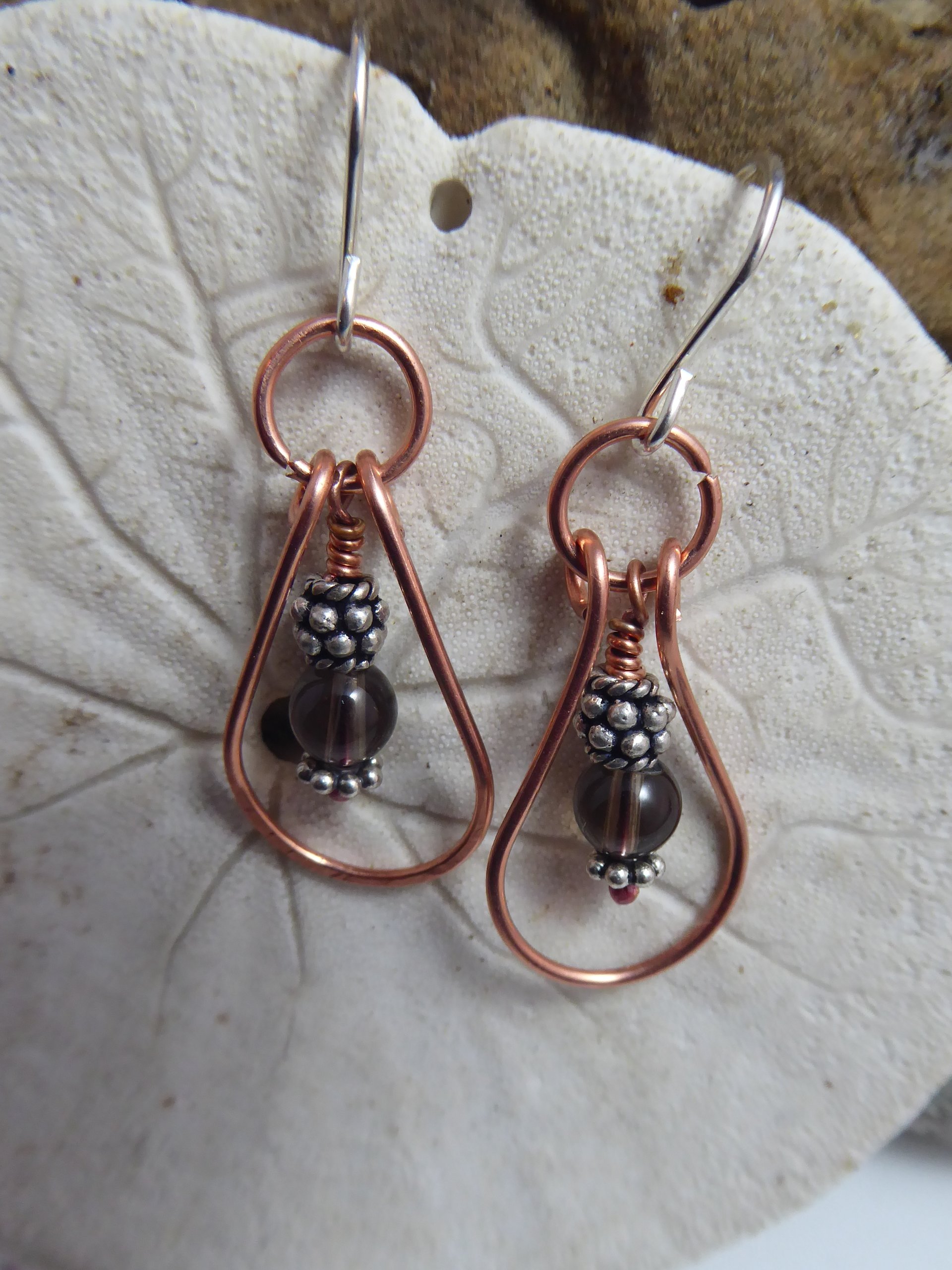 Smoky quartz gemstone drop dangles with copper and silver hoop earrings healing
