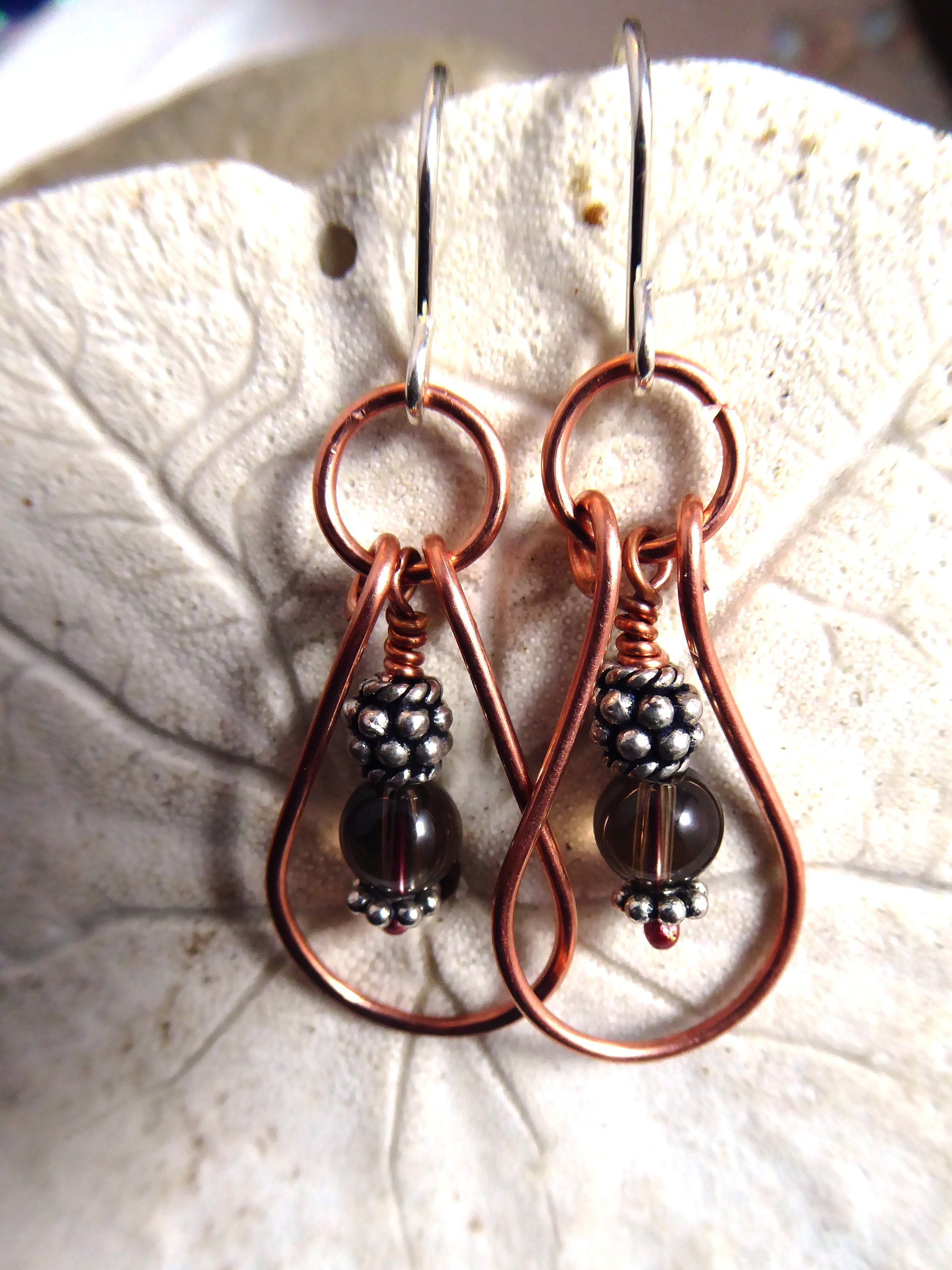 Smoky quartz gemstone drop dangles with copper and silver hoop earrings healing
