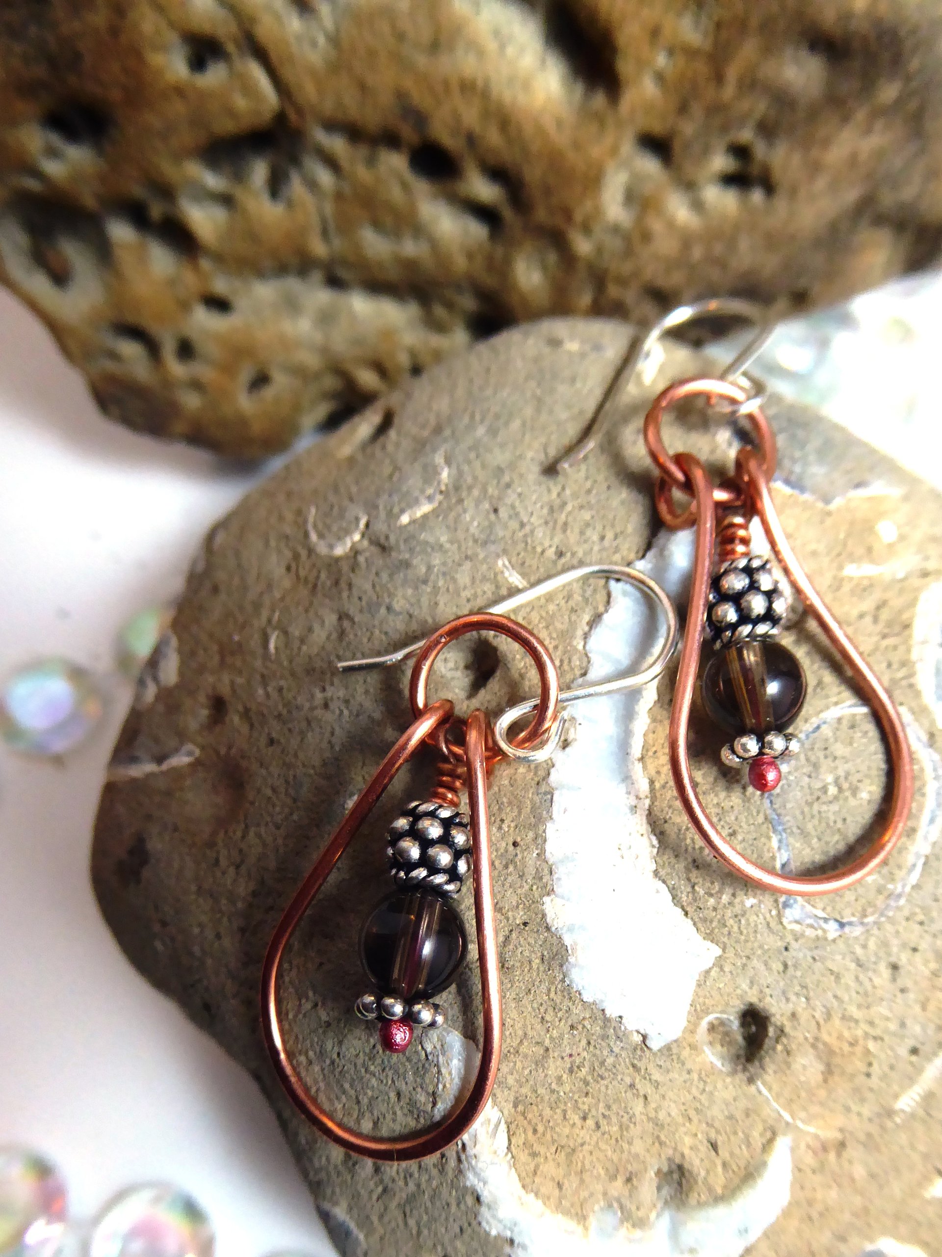 Smoky quartz gemstone drop dangles with copper and silver hoop earrings healing