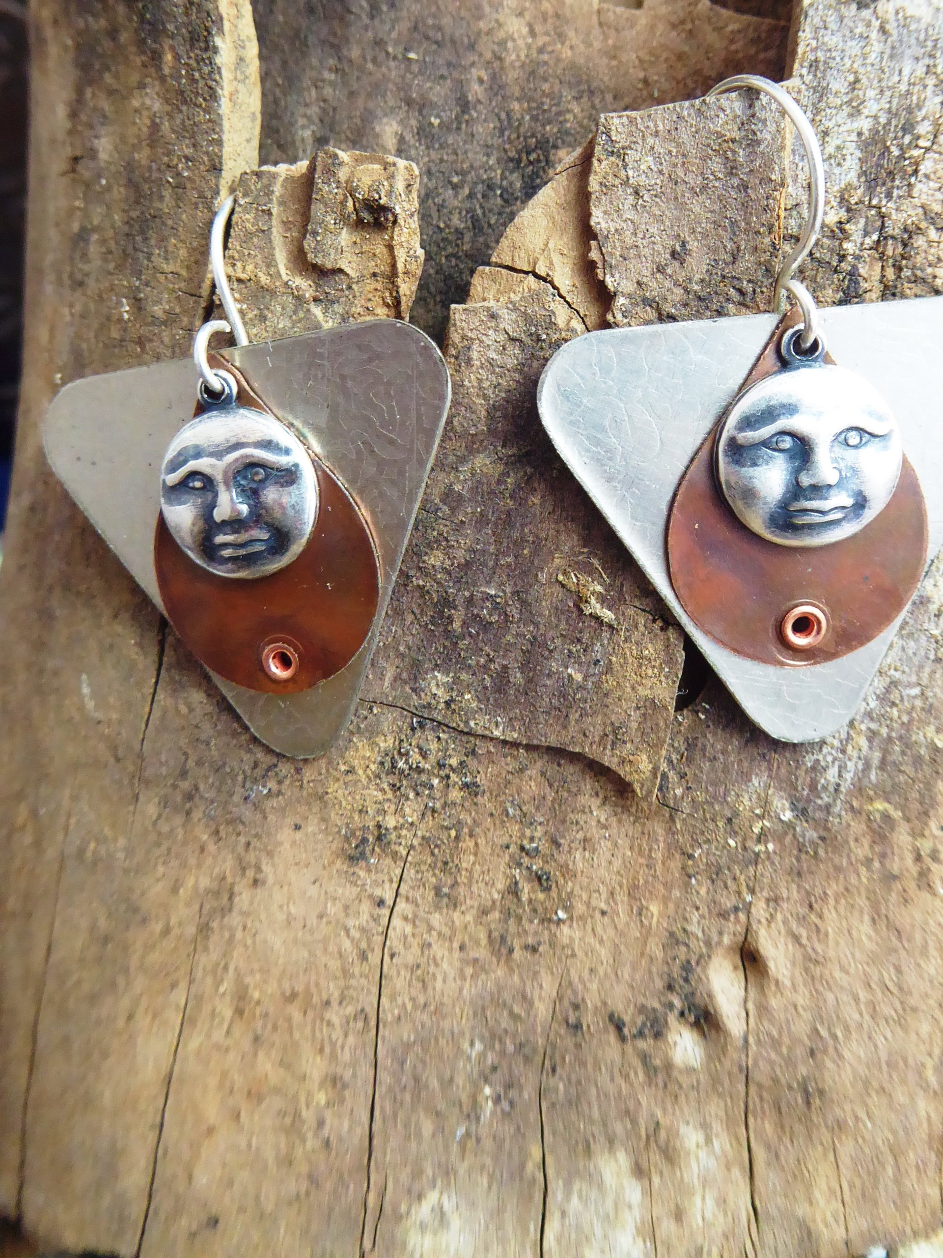 Mixed metal moon face dangle earrings copper and German silver