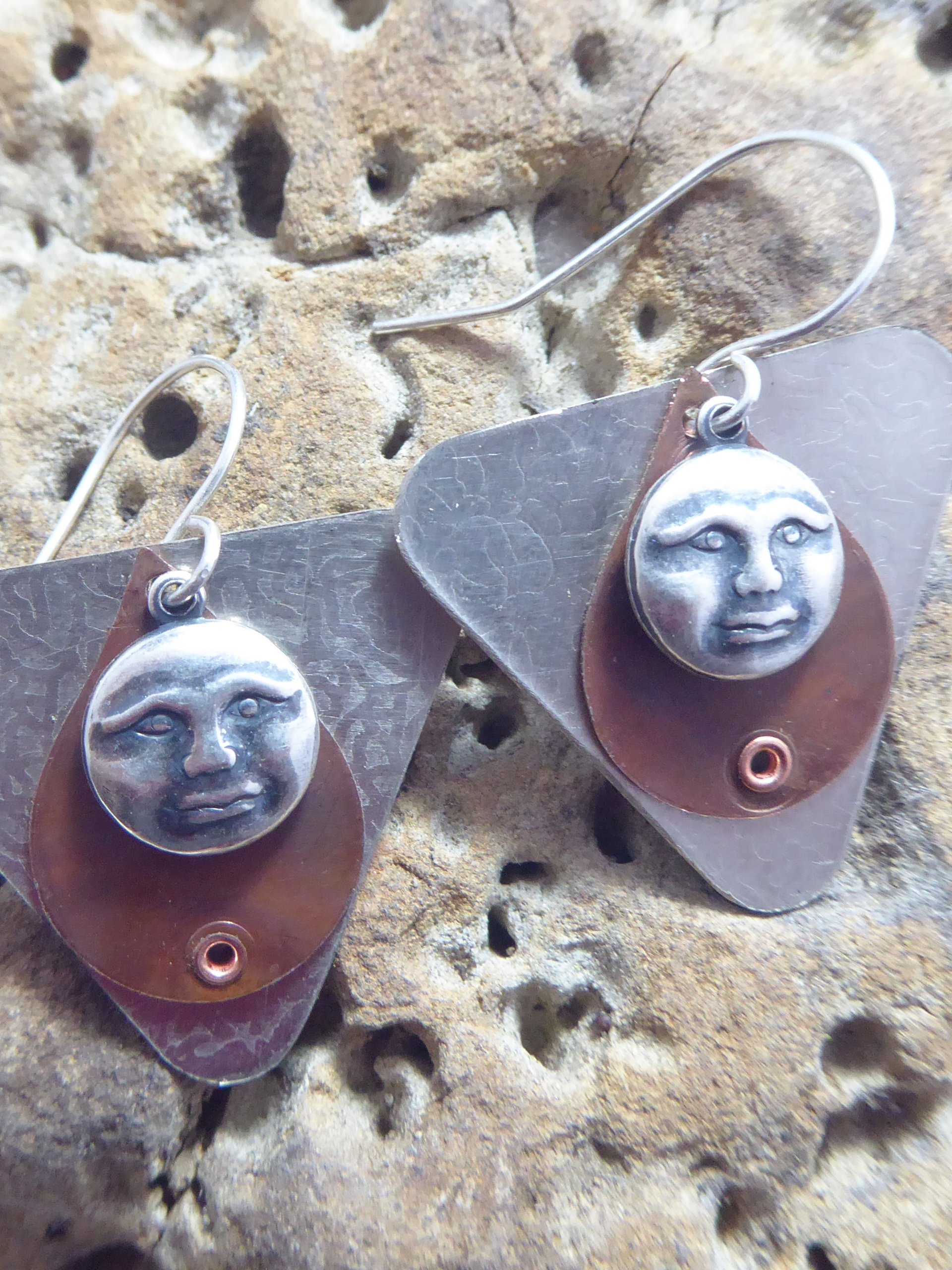 Mixed metal moon face dangle earrings copper and German silver
