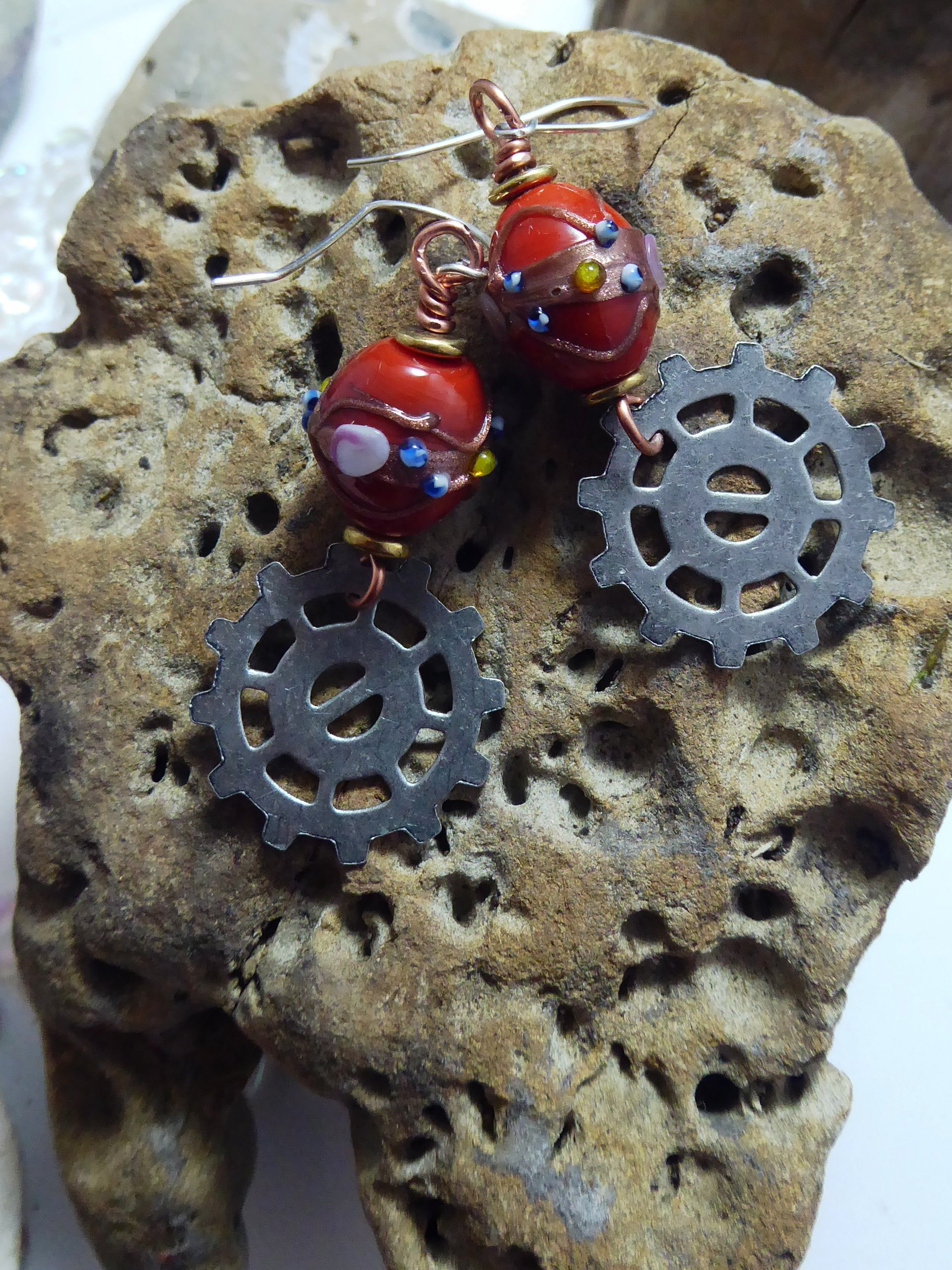 Geared up steampunk orange lampwork dangle earrings