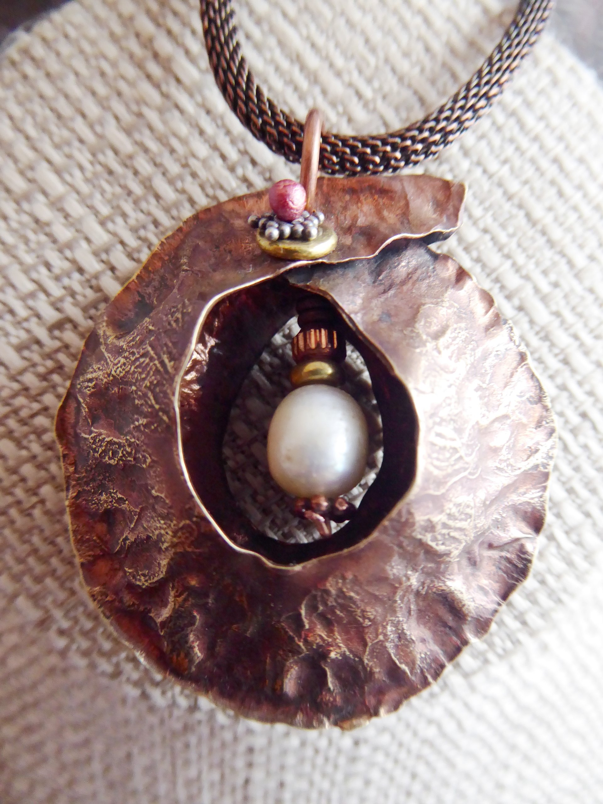 Freshwater pearl and Copper Fold Form Cocoon Tribal Pendant