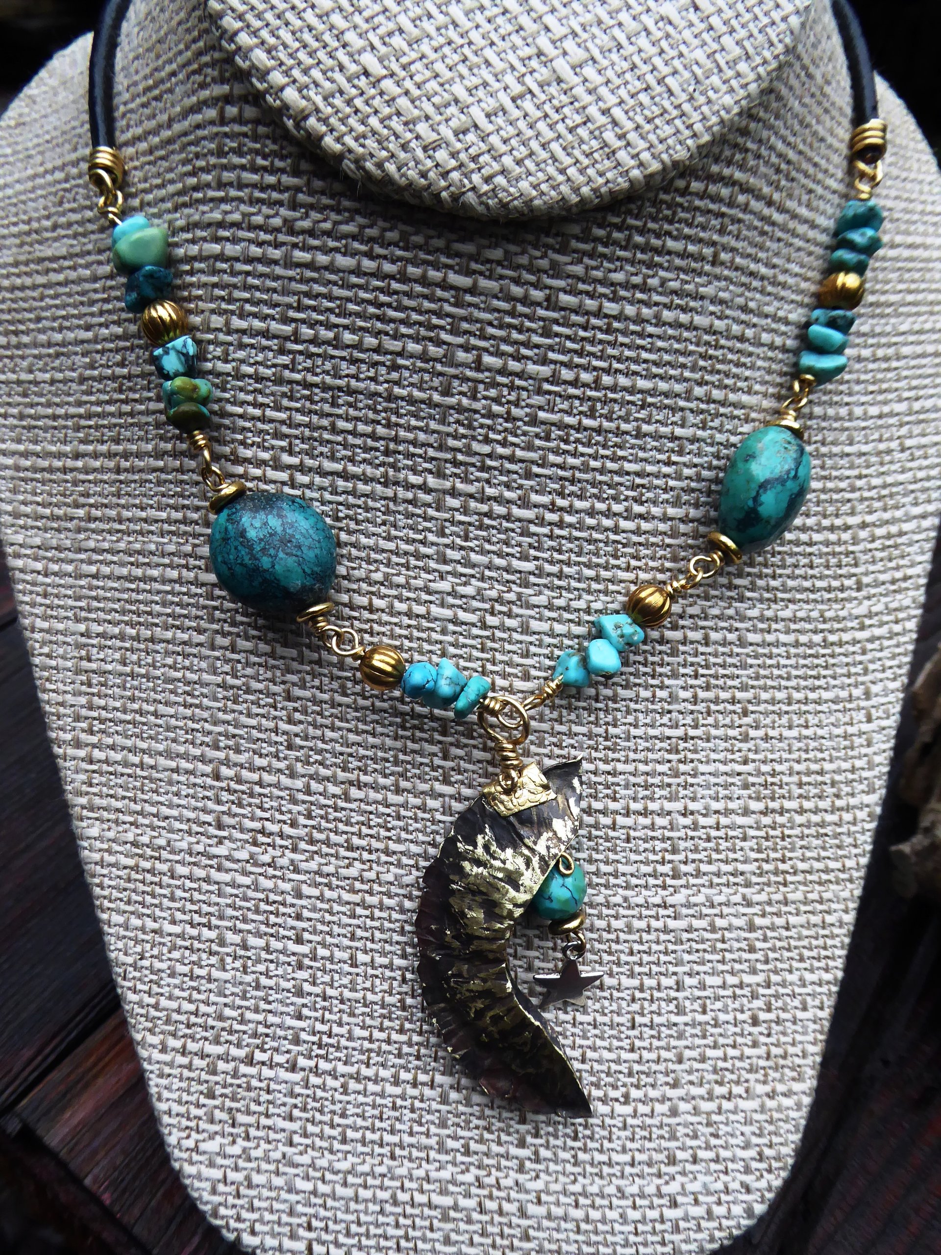 Organic, tribal fold form turquoise gemstone bronze crescent moon pendant with t