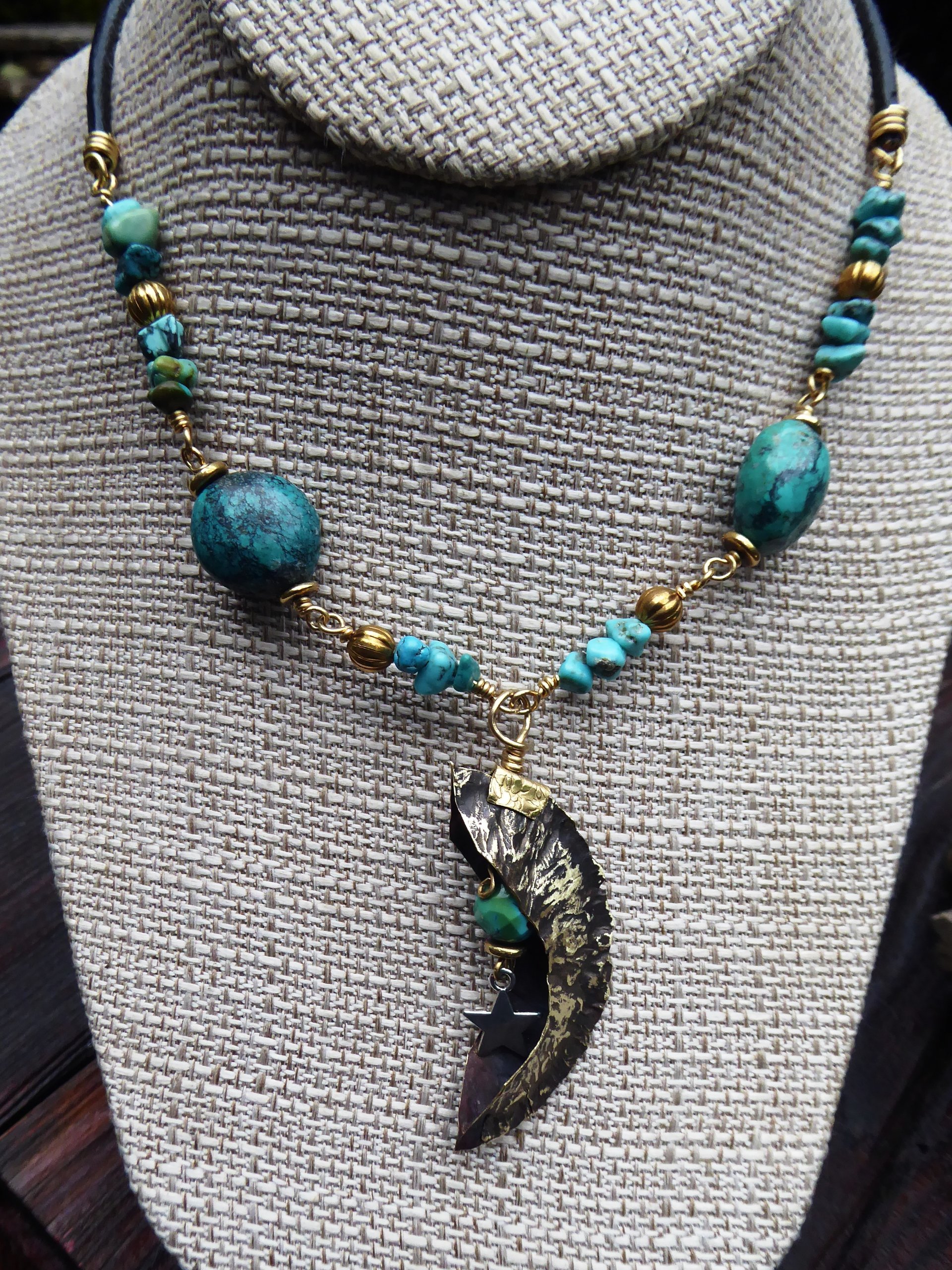 Organic, tribal fold form turquoise gemstone bronze crescent moon pendant with t