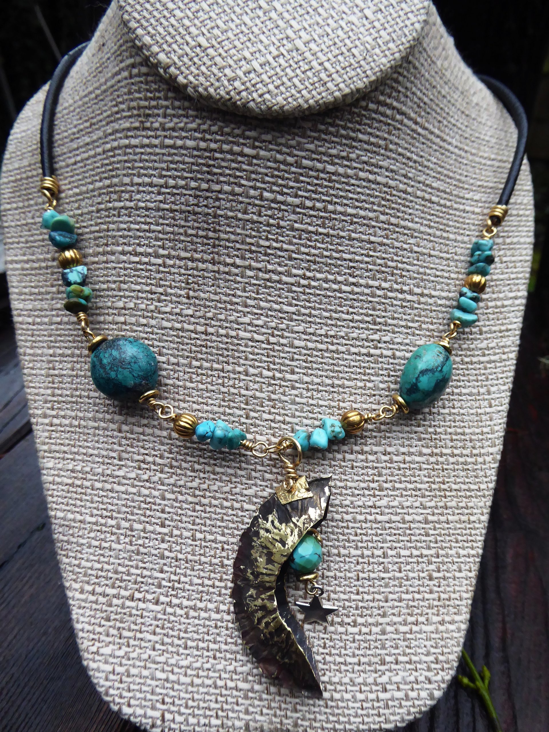 Organic, tribal fold form turquoise gemstone bronze crescent moon pendant with t