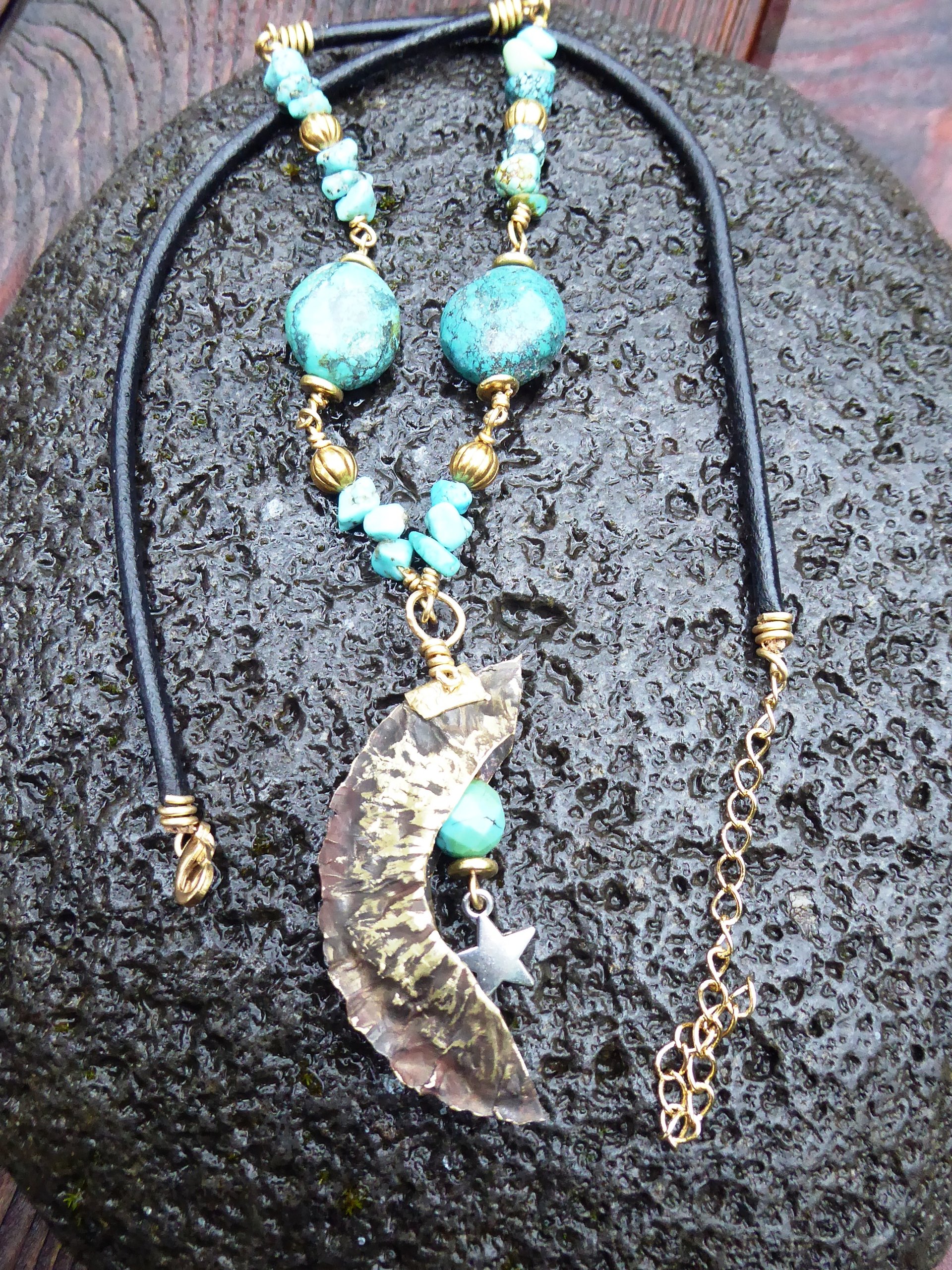 Organic, tribal fold form turquoise gemstone bronze crescent moon pendant with t
