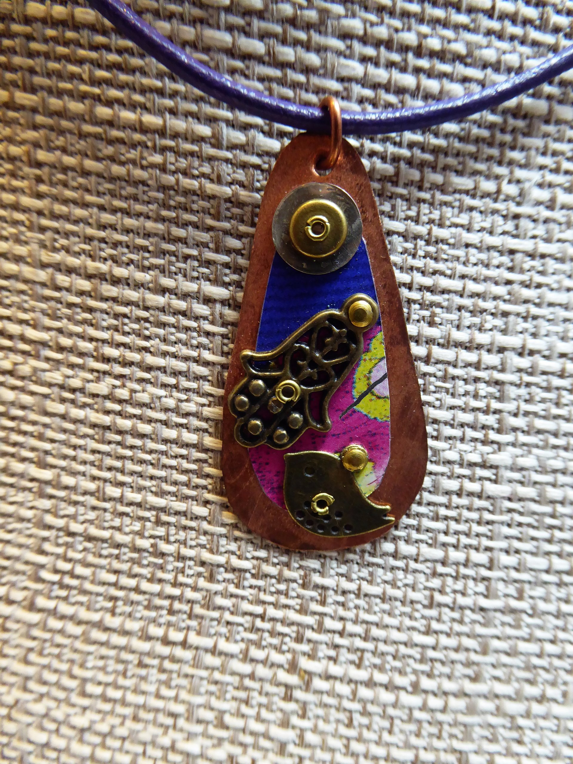 Hamsa  amulet Hand of Fatima recycled tin mixed metal spiritual pendant  bird in