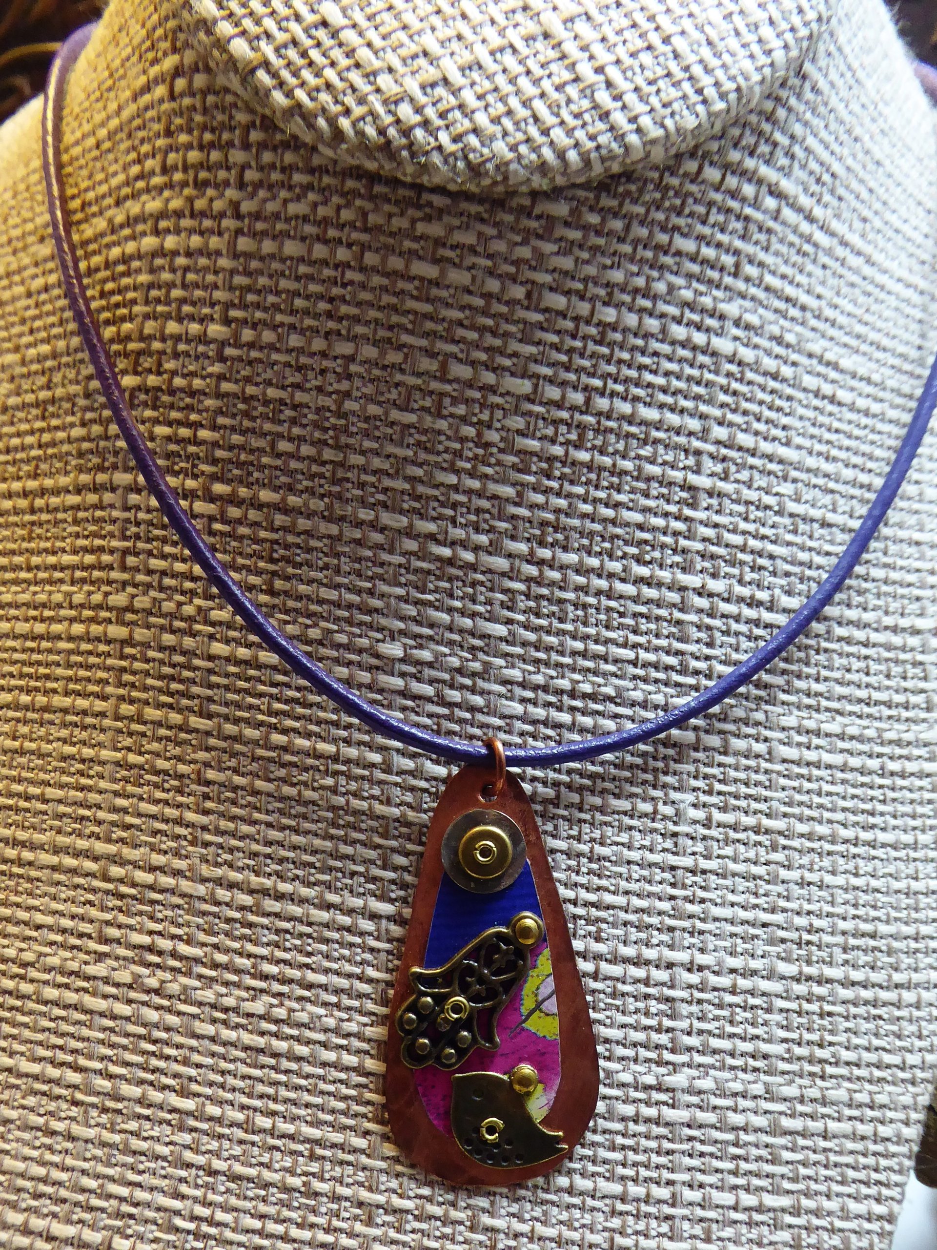 Hamsa  amulet Hand of Fatima recycled tin mixed metal spiritual pendant  bird in